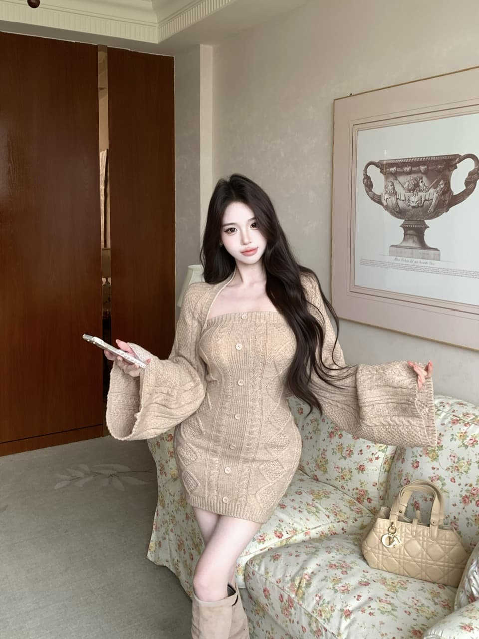 실사 정가 모카 뮤 S 수리 높이 폭탄 니트 타이트 스커트 치마 세트 니트 쇼트 스타일 긴팔 재킷 상세 이미지 1