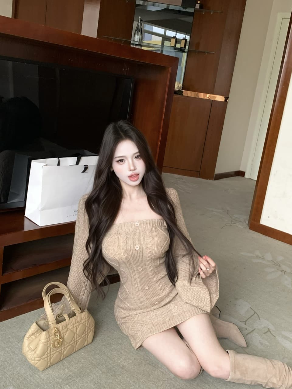 실사 정가 모카 뮤 S 수리 높이 폭탄 니트 타이트 스커트 치마 세트 니트 쇼트 스타일 긴팔 재킷 상세 이미지 6