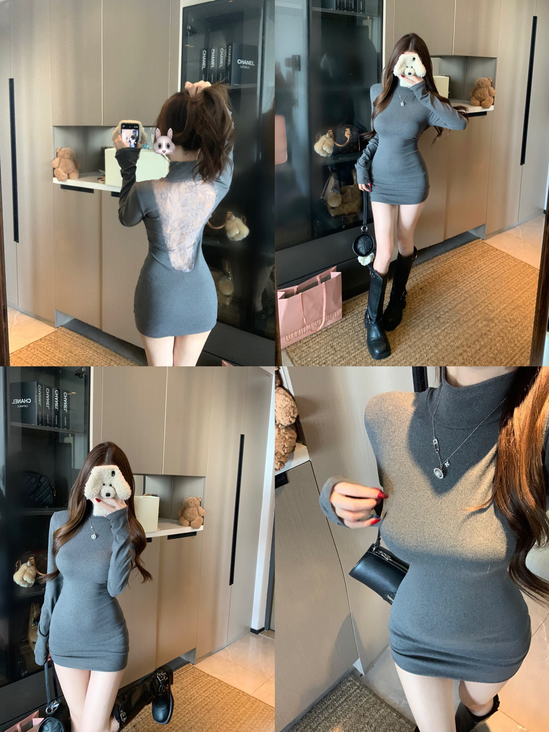 실사 정가 레이스 조각 섹시함 긴팔 여성 드레스 가을 겨울 몸매 가꾸기 치마 순수한 욕망 허리 수축 타이트 스커트 미니 스커트 이미지 4