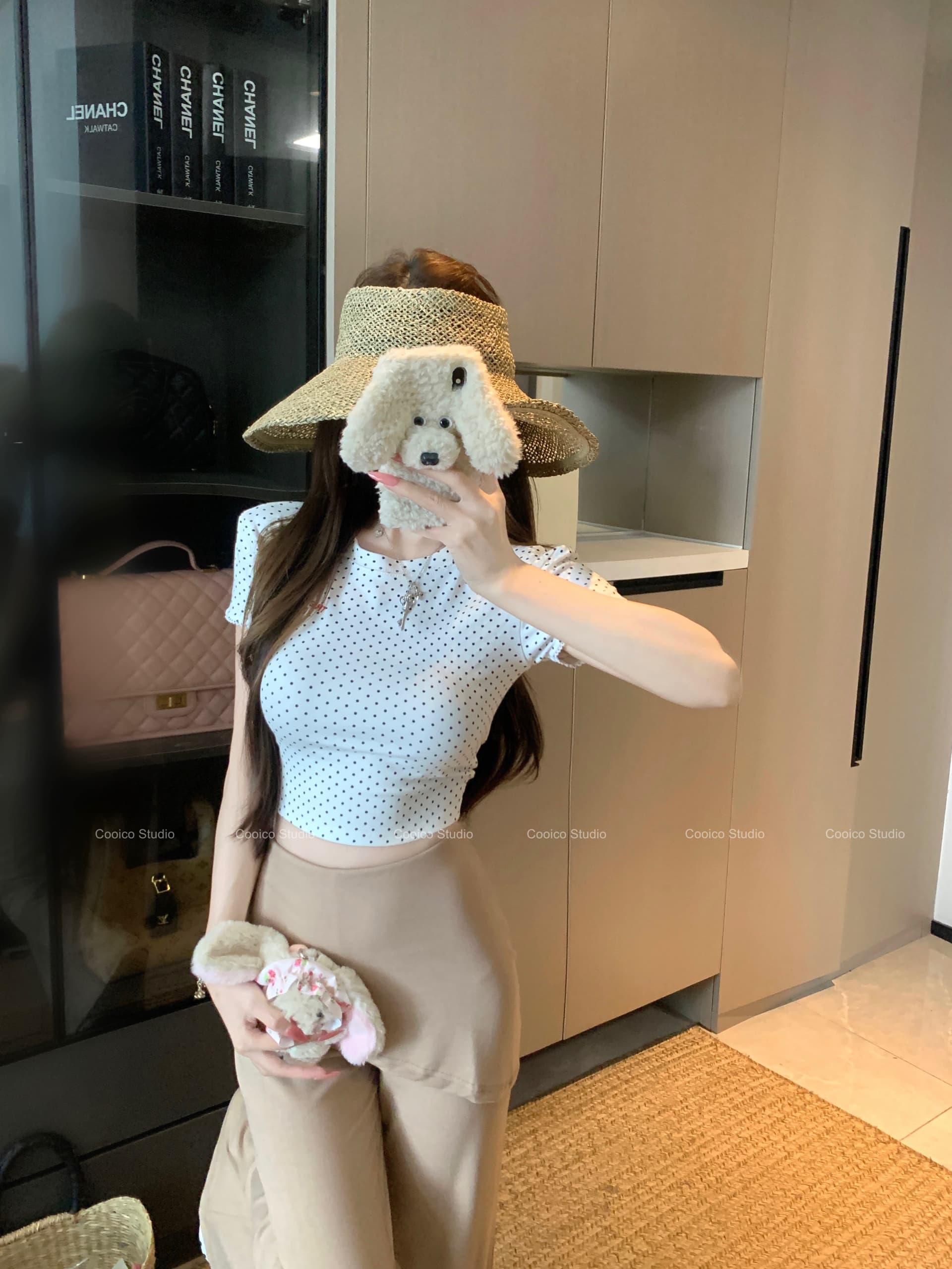 실사 정가 작은 알파벳 라운드 넥 도트 무늬 쇼트 스타일 t 마이크로 나팔 랩스커트팬츠 페이크 레이어드 캐주얼 바지