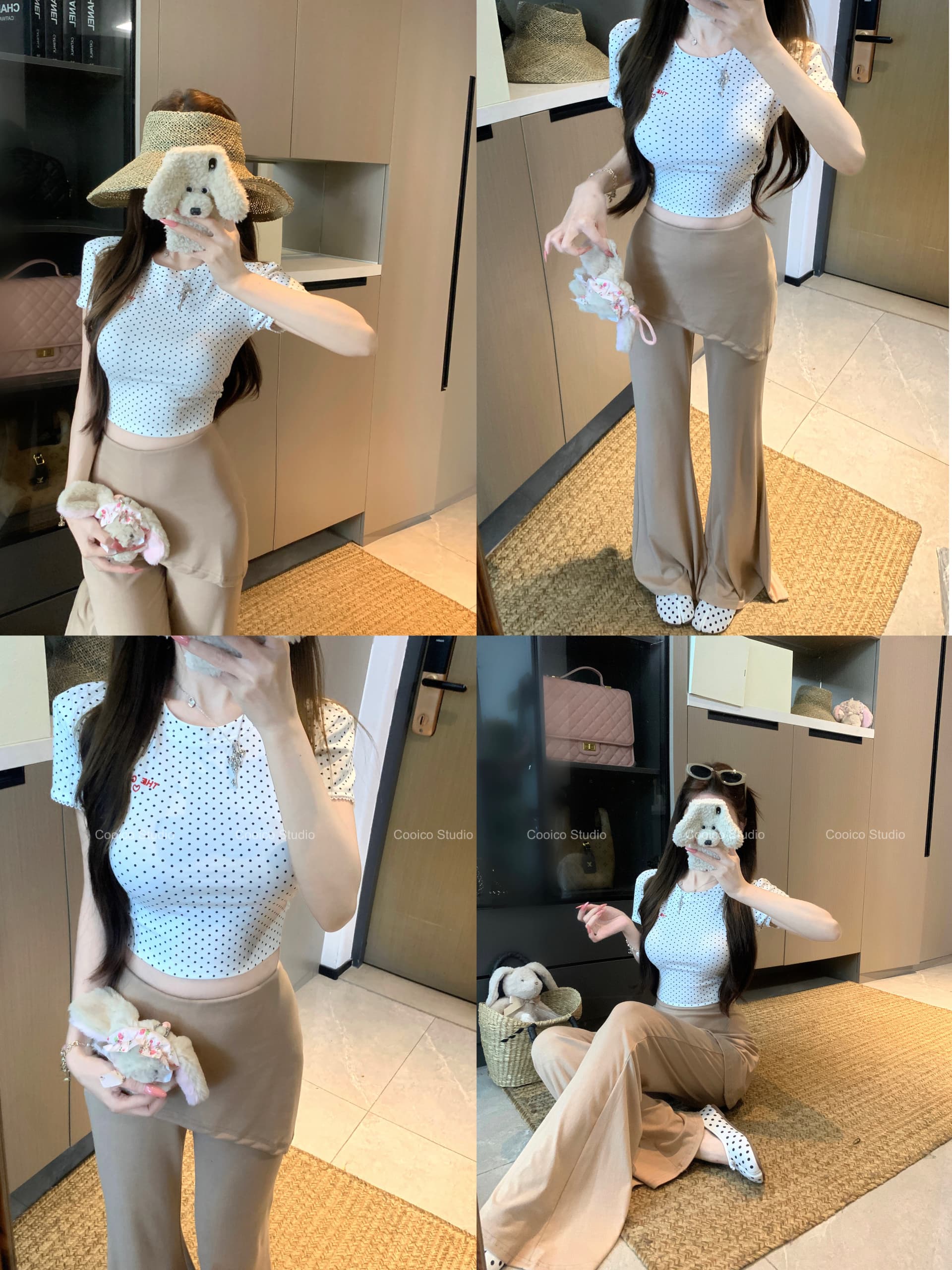 실사 정가 작은 알파벳 라운드 넥 도트 무늬 쇼트 스타일 t 마이크로 나팔 랩스커트팬츠 페이크 레이어드 캐주얼 바지 상세 이미지 1