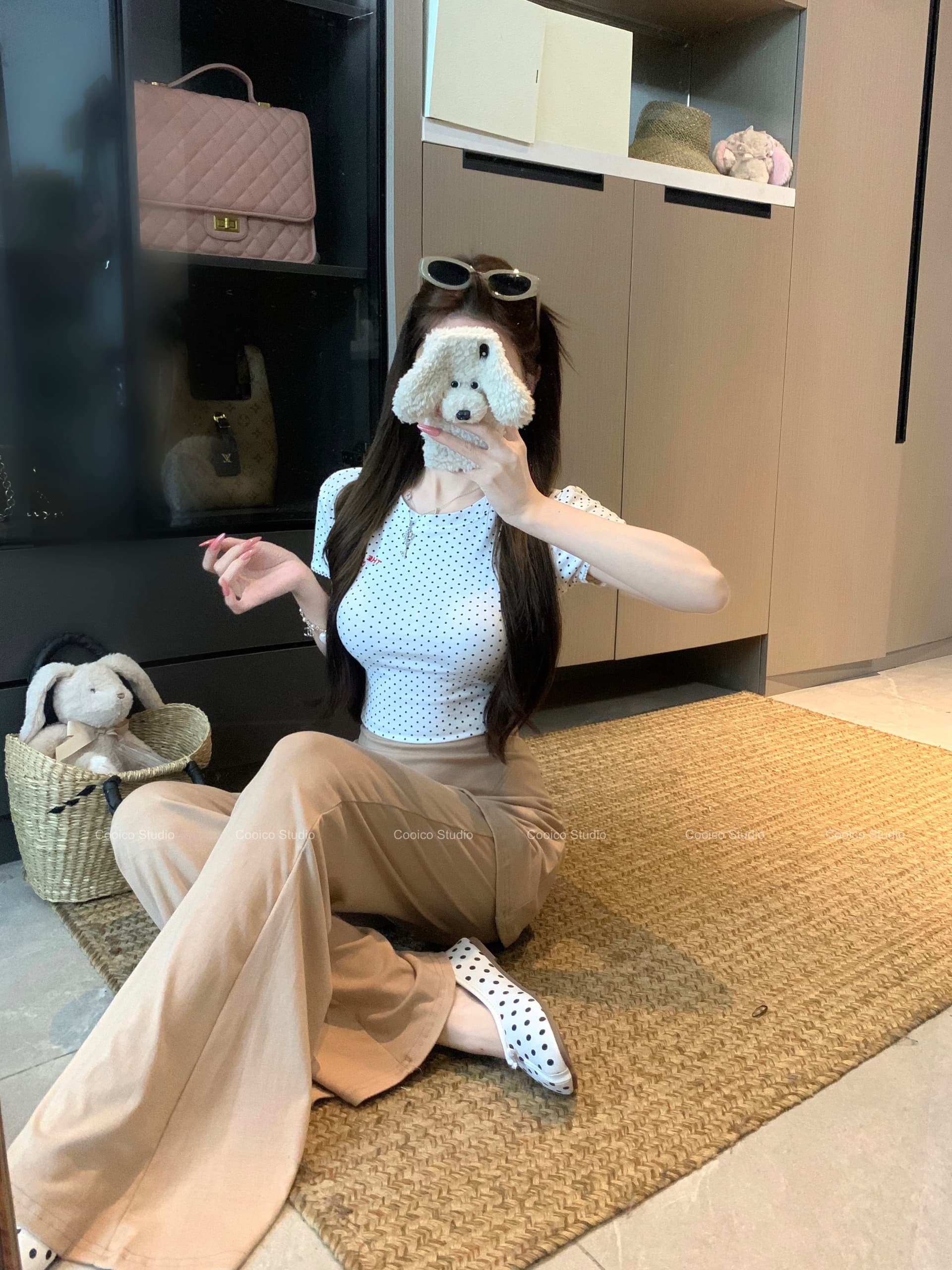 실사 정가 작은 알파벳 라운드 넥 도트 무늬 쇼트 스타일 t 마이크로 나팔 랩스커트팬츠 페이크 레이어드 캐주얼 바지 상세 이미지 9