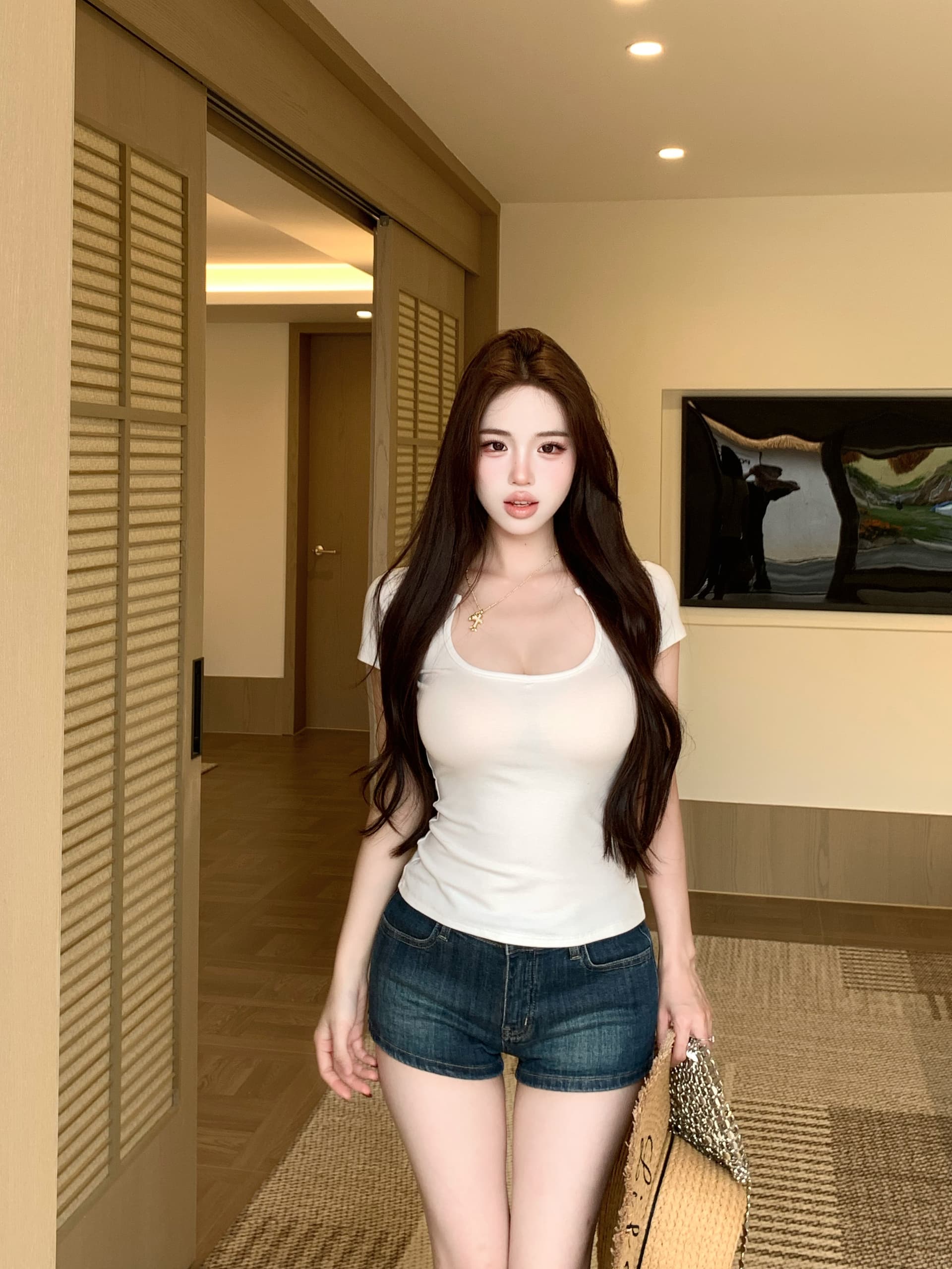 실사 정가 쇄골 숙박 화이트 u 칼라 긍정적 인 어깨 반팔 티셔츠 여성 봄 새로운 몸매 가꾸기 슬림해 보이는 빨간색 맨위 상세 이미지 9