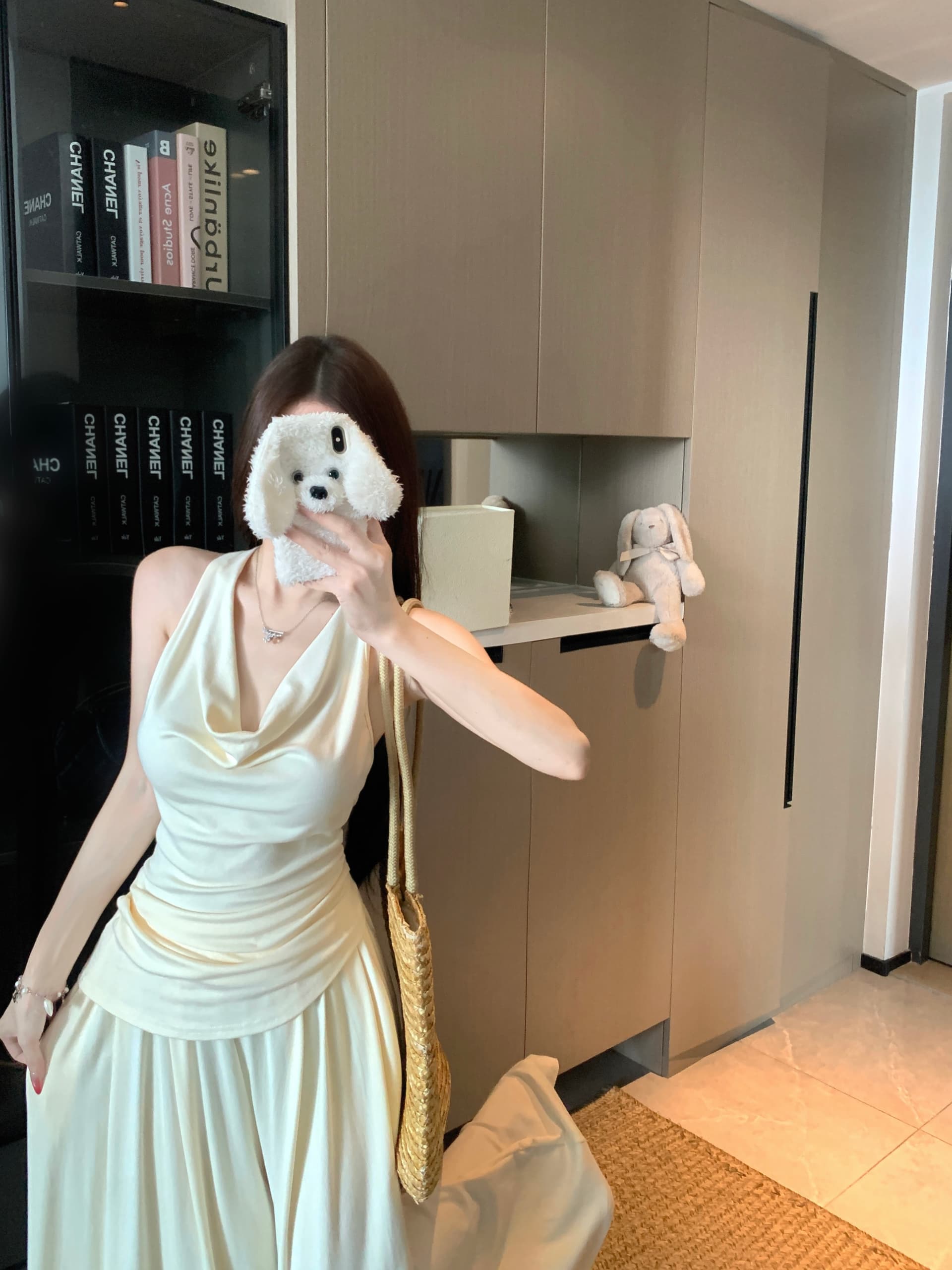 실사 정가 느슨함 센스 착용 가져 가라. 세트 여성 여름 행침 목 흔들다 칼라 백리스 슬립 긴 바지 캐주얼 투피스 세트 상세 이미지 5