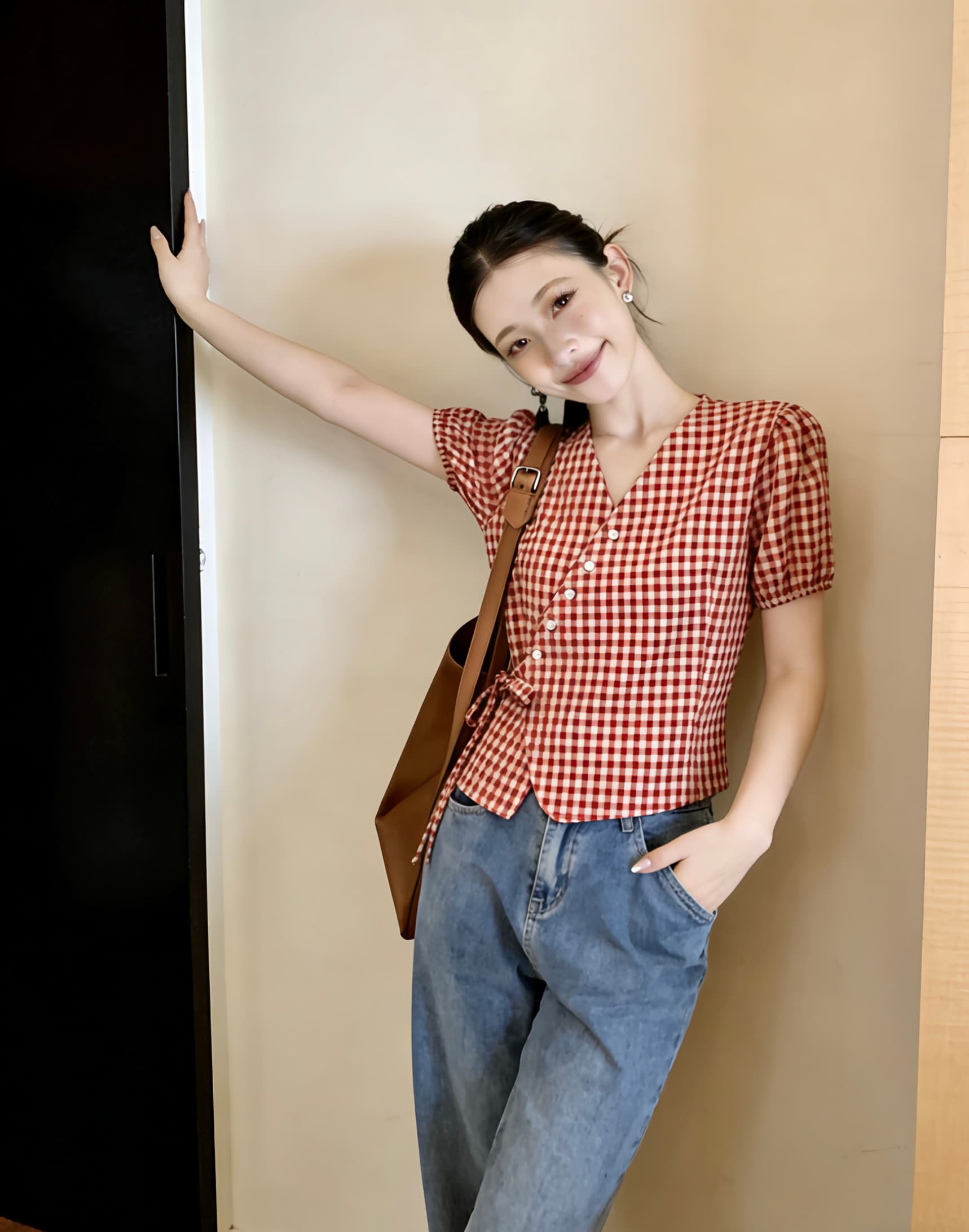 실사 여름 새로운 체크무늬 반팔 여성 셔츠 나비 넥타이 거품 소매 셔츠 허리 수축 맨위 트렌디 상세 이미지 5