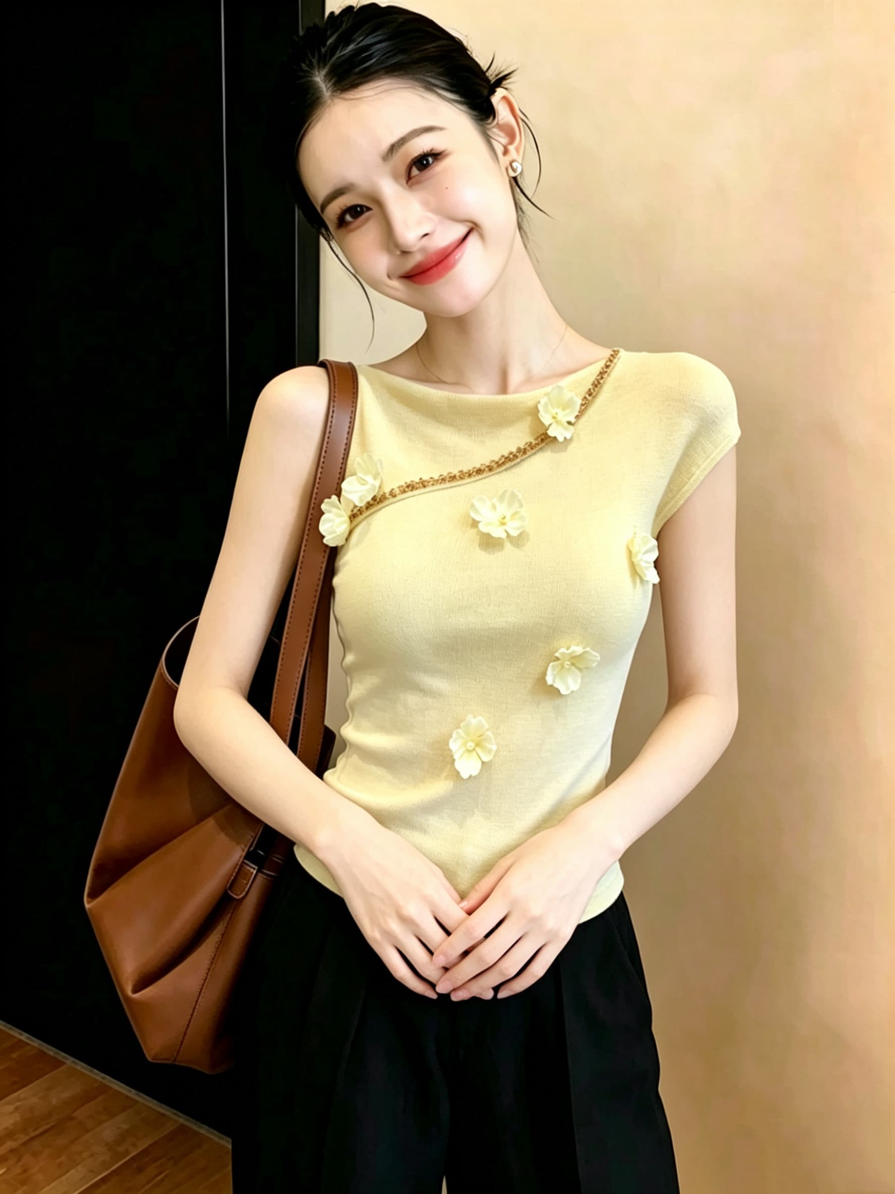 새로운 한국 스타일 세련된 품격 꽃 패치워크 무거운 작업 못 훈련 반팔 니트 스웨터 여성 셔츠 트렌디 이미지 2