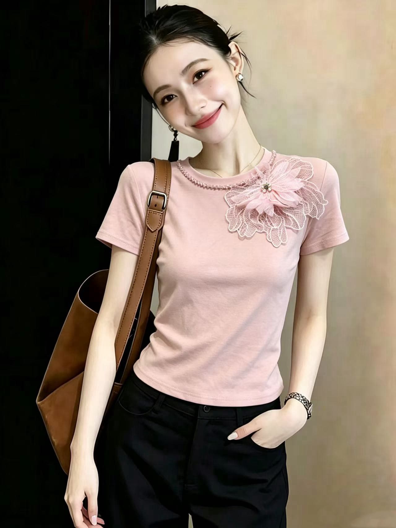 2026 여름 새로운 무거운 작업 다이아몬드 세팅 화이트 반팔 티셔츠 맨위 루즈핏 풀오버 패션 기본 셔츠 동정 여성 이미지 4