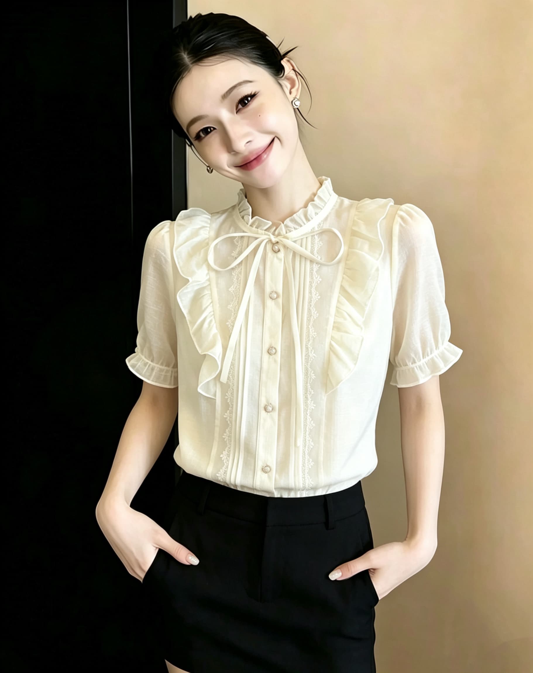 고급 빛 럭셔리 여성 의류 스탠드 칼라 반팔 셔츠 여름 프릴 요정 가스 셔츠 아름다운 얇은 맨위 상세 이미지 4