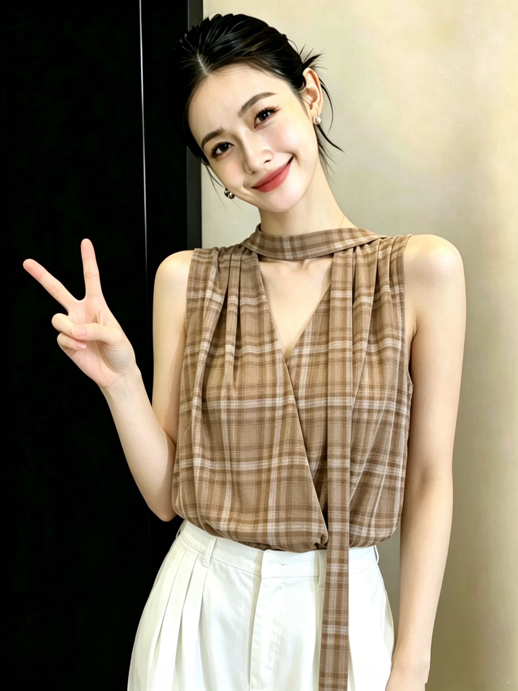 2026 년 여름 켜기 새로운 디자인 센스 체크무늬 품격 리본 패치워크 쉬폰 작은 셔츠 V넥 슬림해 보이는 셔츠 상세 이미지 5