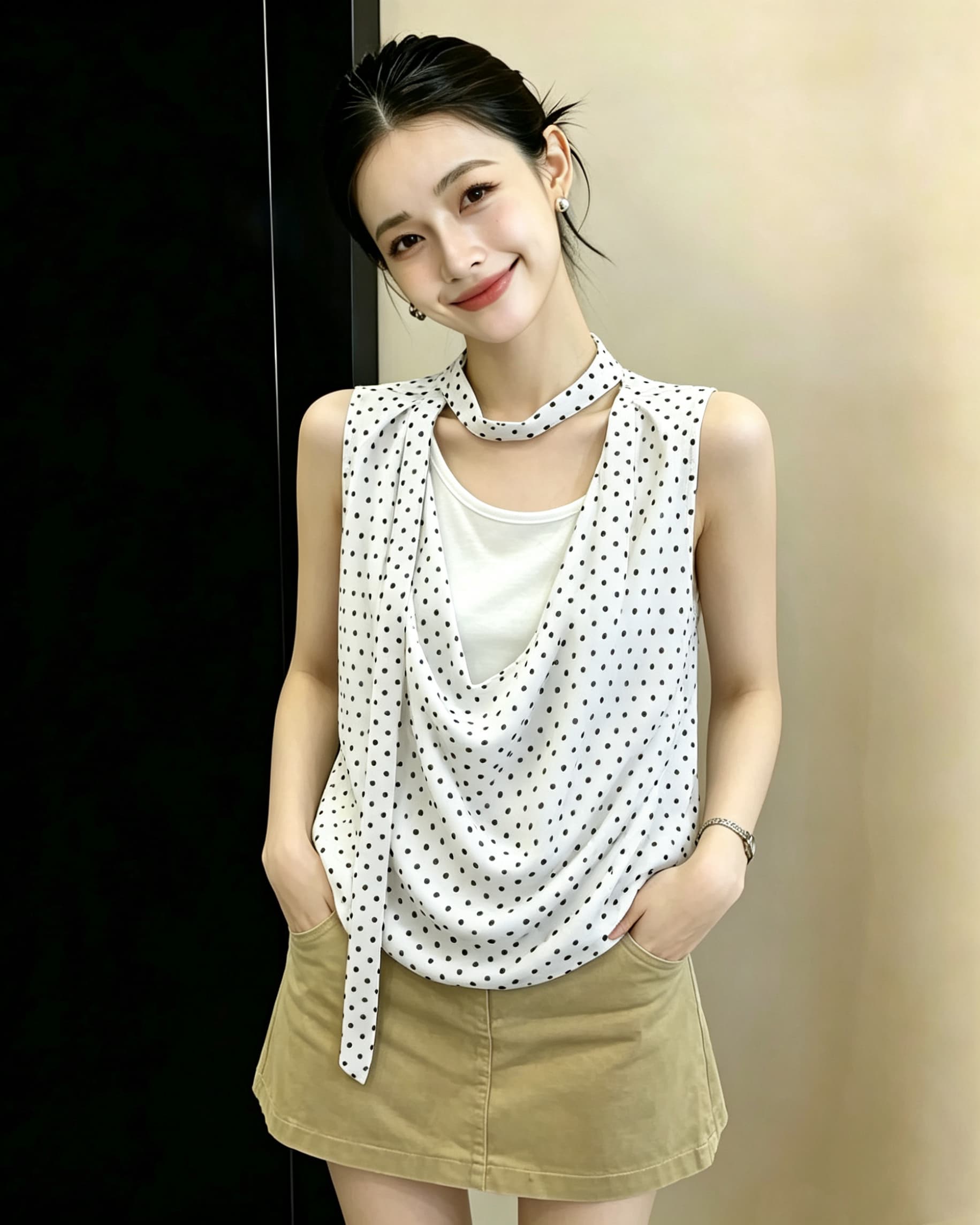 여름 프랑스식 부드러운 느슨함 센스 도트 무늬 민소매 셔츠 흔들다 칼라 조끼 외출용 가짜 2 피스 슈트