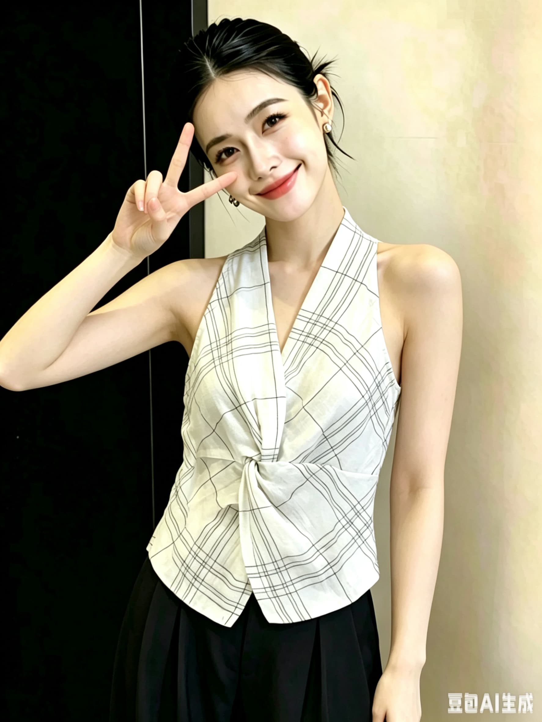 체크무늬 비틀림 V넥 행침 목 조끼 여성 여름 새로운 한 부서 디자인 센스 쇼트 스타일 슬림해 보이는 민소매 맨위 이미지 2