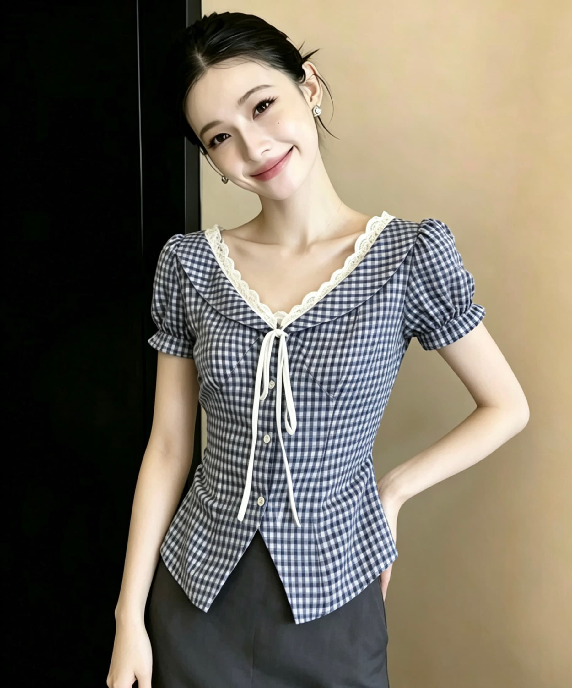 한 부서 순수한 욕망 나비 매듭 레이스 레이스 V넥 격자 무늬 셔츠 여름 드레스 새로운 슬림해 보이는 맨위 이미지 4