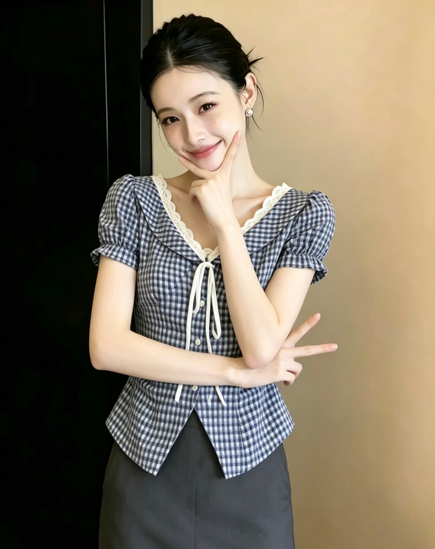 한 부서 순수한 욕망 나비 매듭 레이스 레이스 V넥 격자 무늬 셔츠 여름 드레스 새로운 슬림해 보이는 맨위 상세 이미지 6