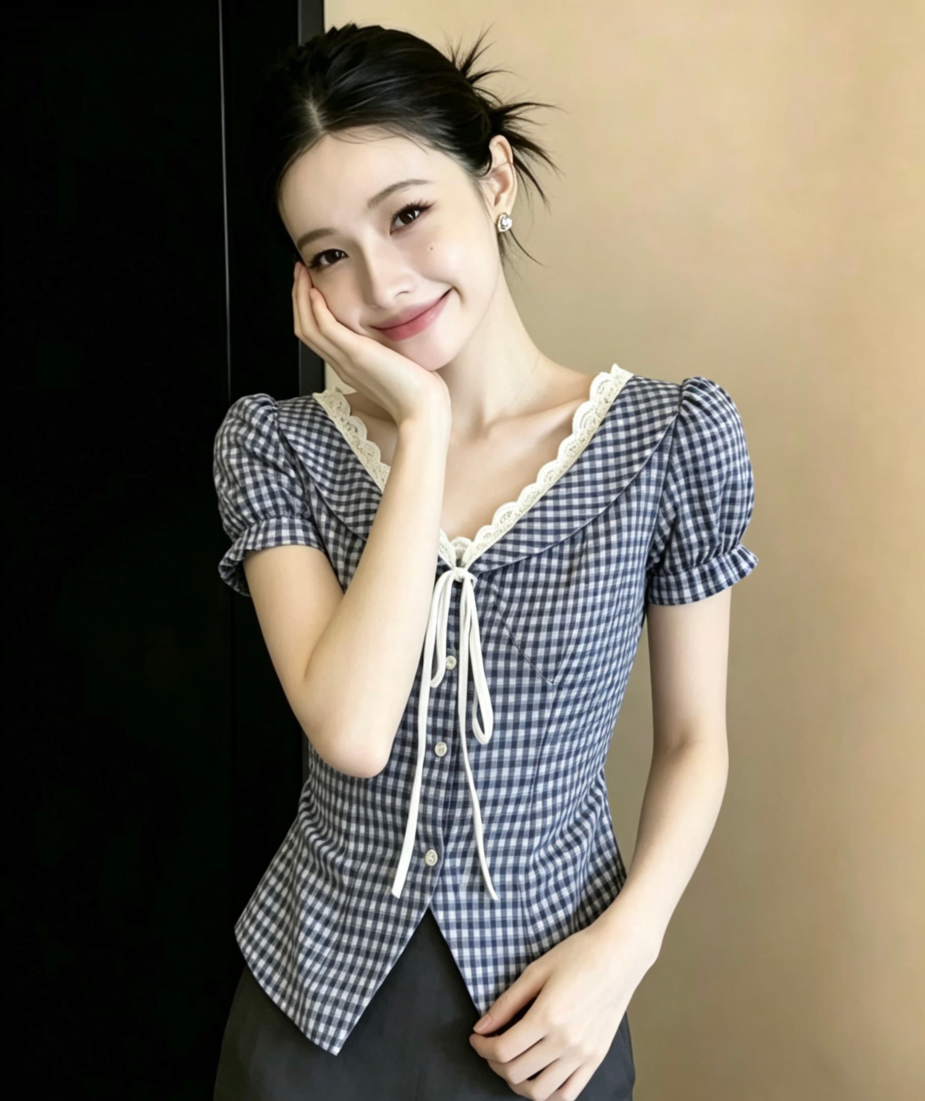 한 부서 순수한 욕망 나비 매듭 레이스 레이스 V넥 격자 무늬 셔츠 여름 드레스 새로운 슬림해 보이는 맨위 상세 이미지 7