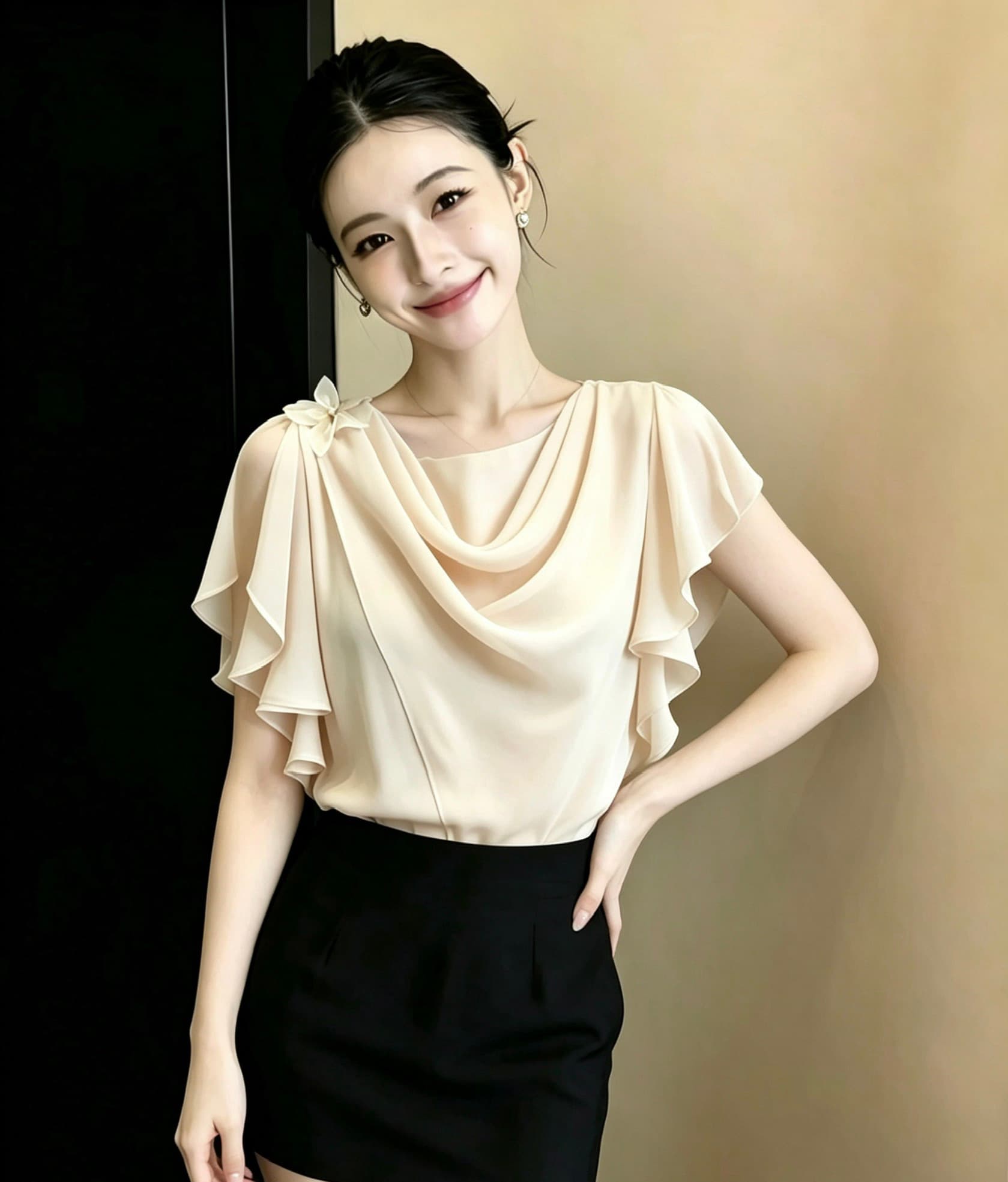 순수한 욕망 흔들다 칼라 꽃 반팔 여성 셔츠 여름 천 금빛 바람 프릴 품격 다용도 맨위 상세 이미지 2