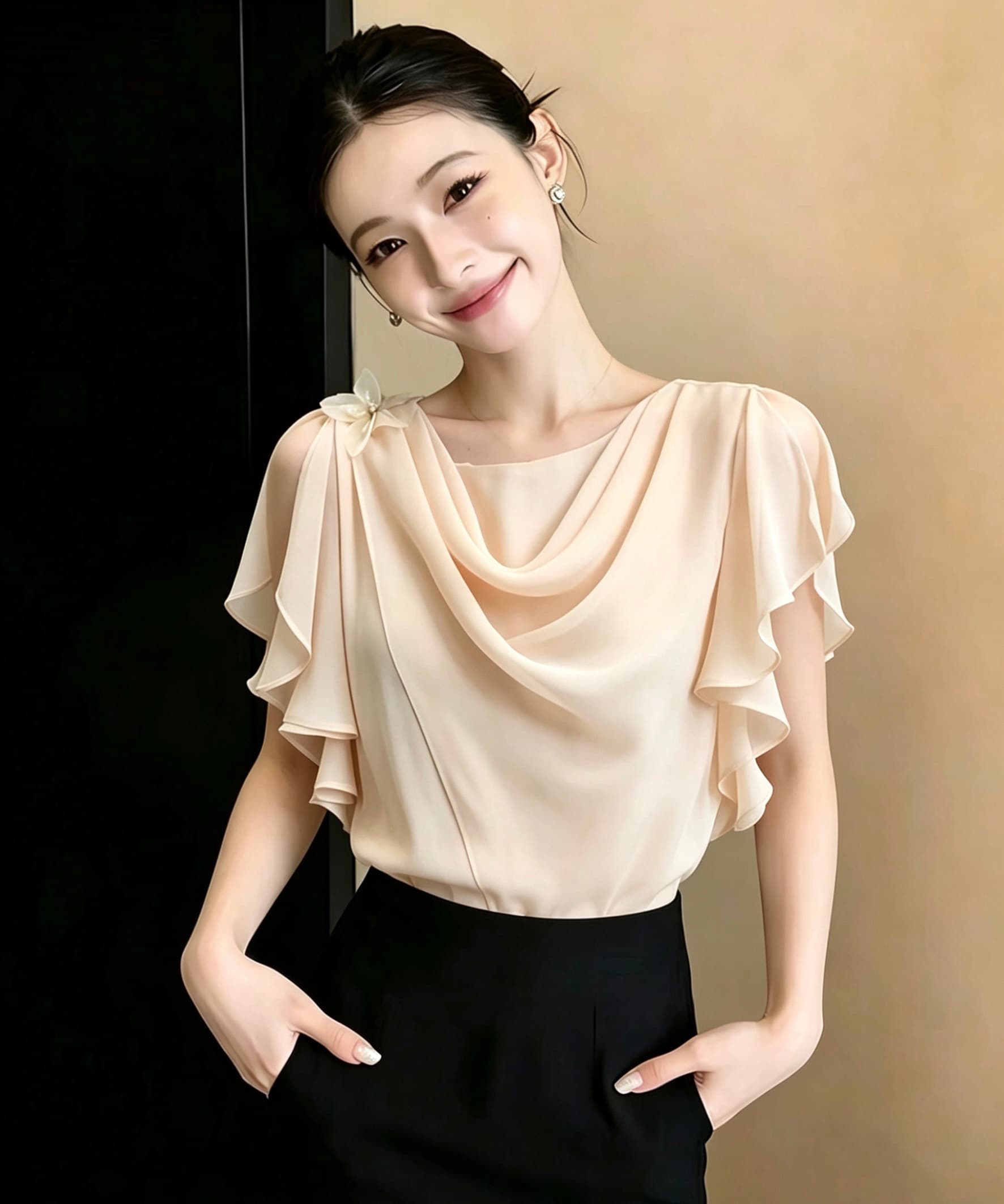 순수한 욕망 흔들다 칼라 꽃 반팔 여성 셔츠 여름 천 금빛 바람 프릴 품격 다용도 맨위 이미지 3