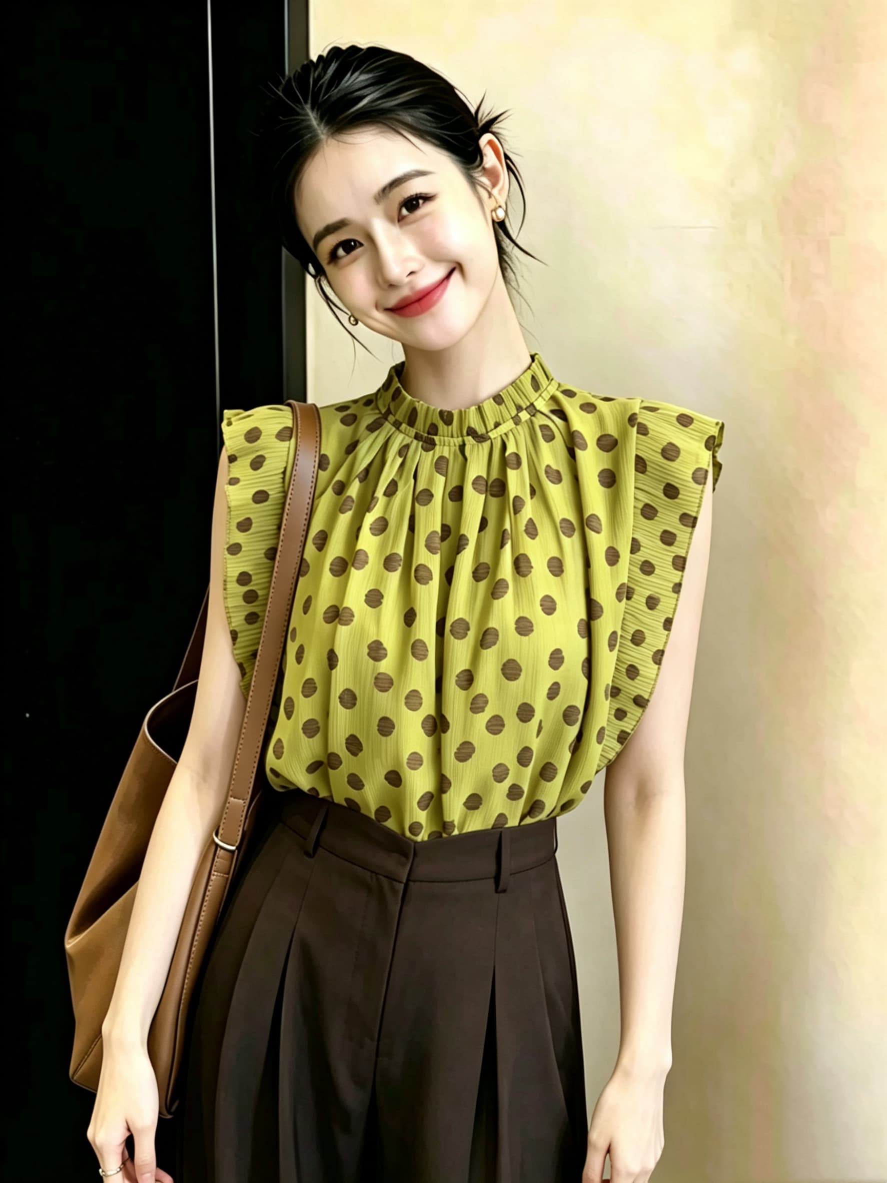 2026 여름 새로운 황색 도트 무늬 민소매 프릴 라운드 넥 맨위 여성 슬림해 보이는 품격 빅 사이즈 여성 의류 외국 가스 이미지 3