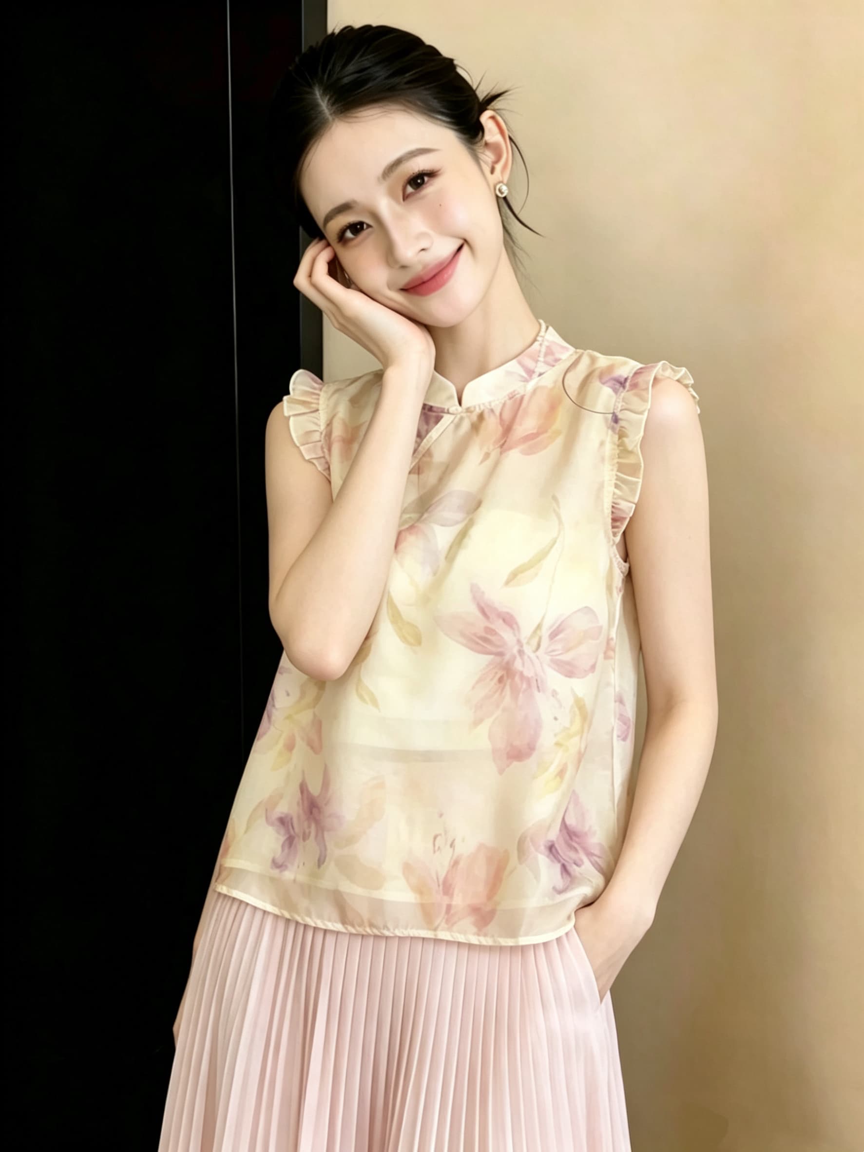 새로운 중식 국풍 헤일로 염색 프린트 작은 날다 소매 맨위 여성 여름 개선 치파오 스탠드 칼라 비스듬한 襟 부드러운 바람 셔츠 이미지 2