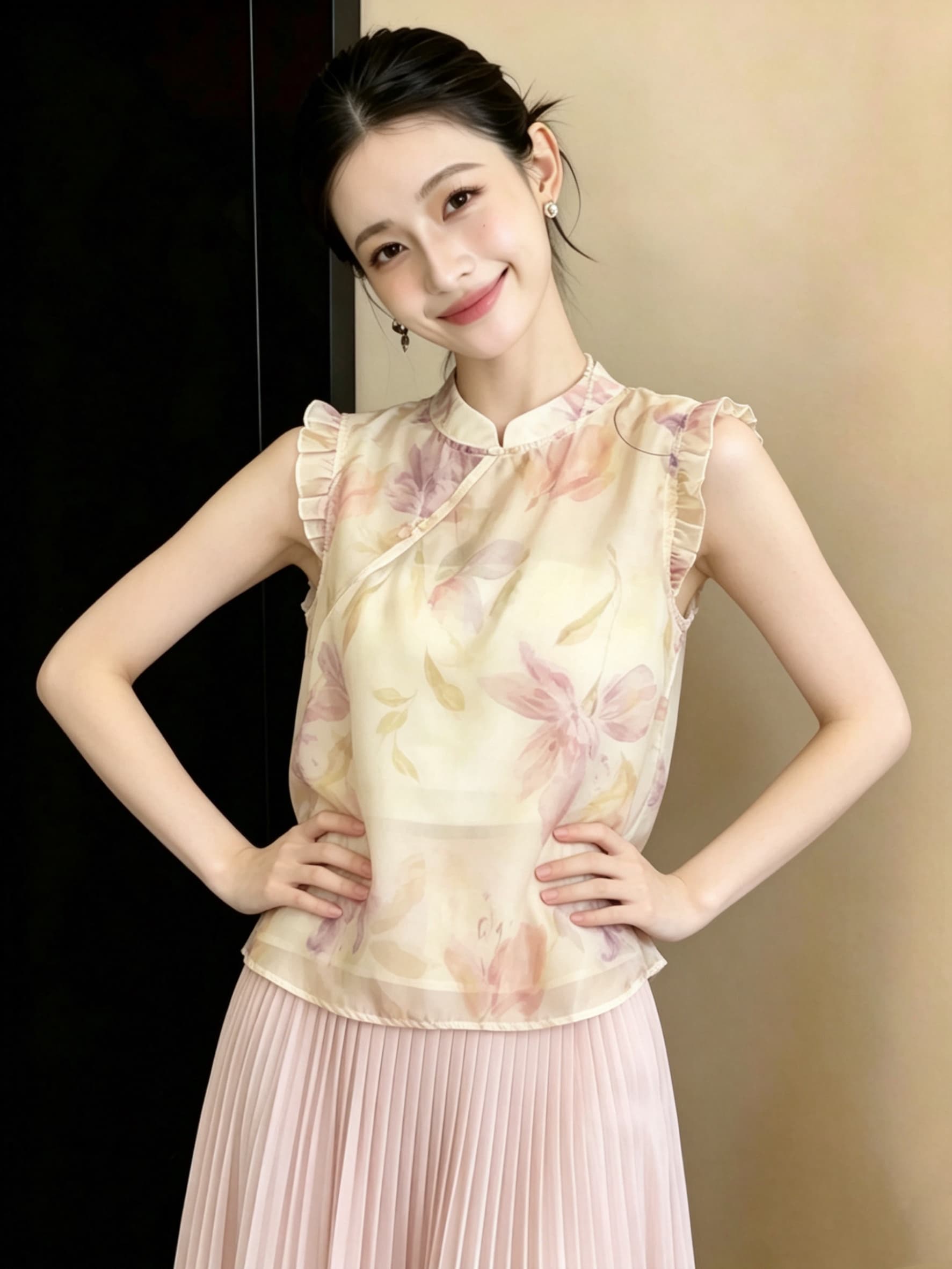 새로운 중식 국풍 헤일로 염색 프린트 작은 날다 소매 맨위 여성 여름 개선 치파오 스탠드 칼라 비스듬한 襟 부드러운 바람 셔츠 이미지 3