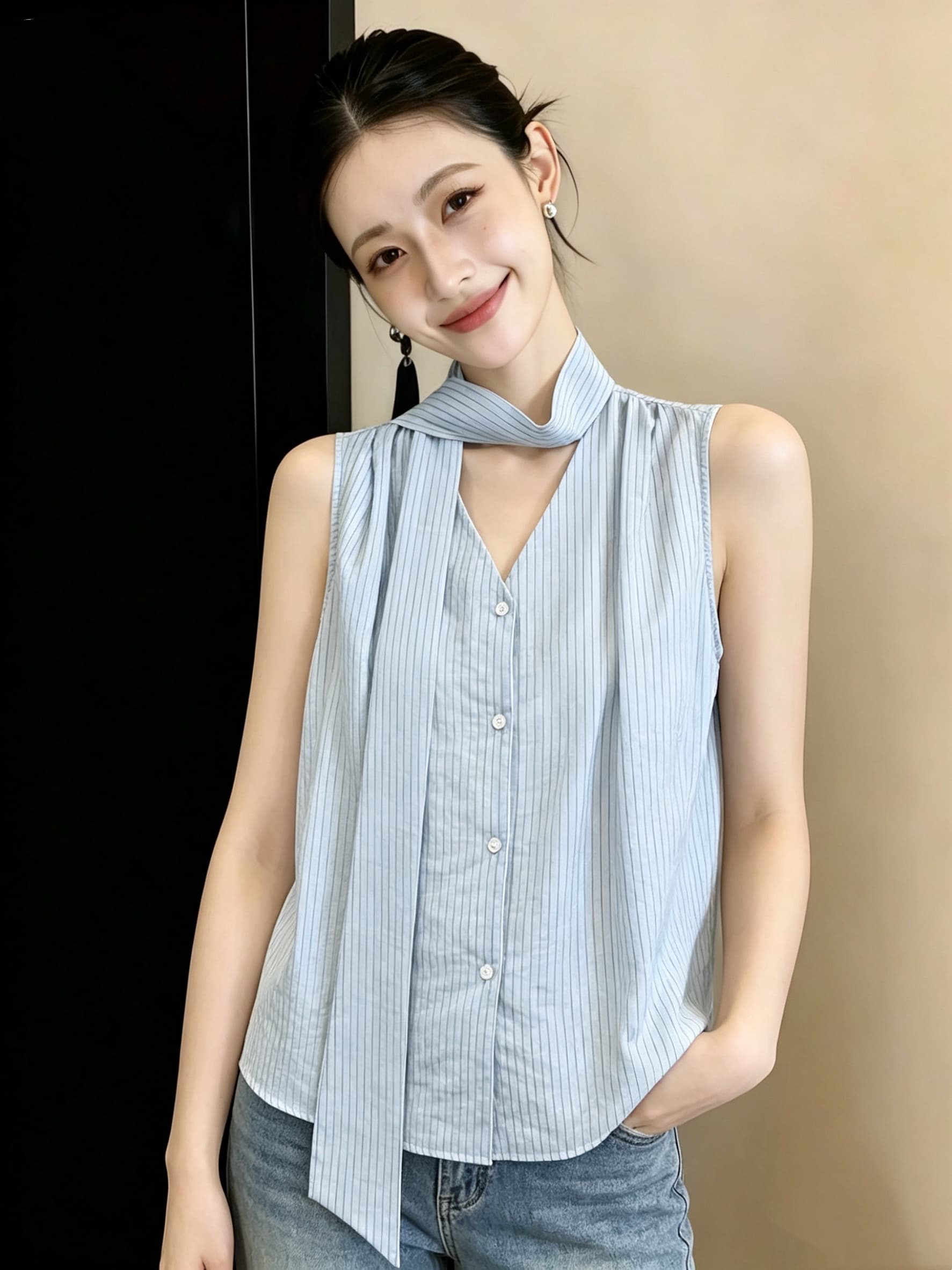 2026 여름 드레스 새로운 세로 줄무늬 레이스업 칼라 얇은 스타일 반팔 여성 셔츠 여름 루즈핏 출퇴근 캐주얼 맨위 이미지 3
