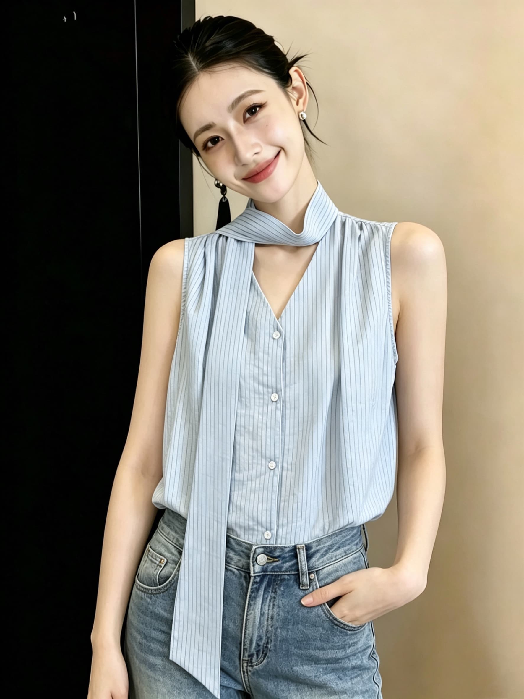 2026 여름 드레스 새로운 세로 줄무늬 레이스업 칼라 얇은 스타일 반팔 여성 셔츠 여름 루즈핏 출퇴근 캐주얼 맨위 상세 이미지 4