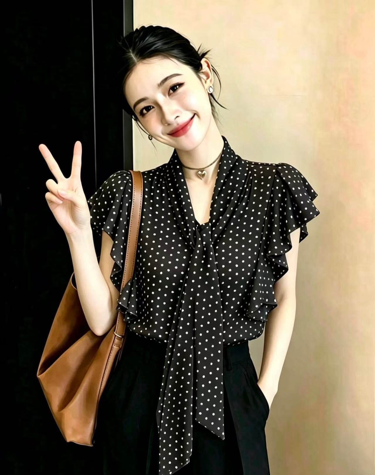 프랑스식 도트 무늬 프린트 리본 V 넥 셔츠 맨위 여성 슬림해 보이는 프릴 Feifei 소매 쉬폰 셔츠 여름 이미지 4
