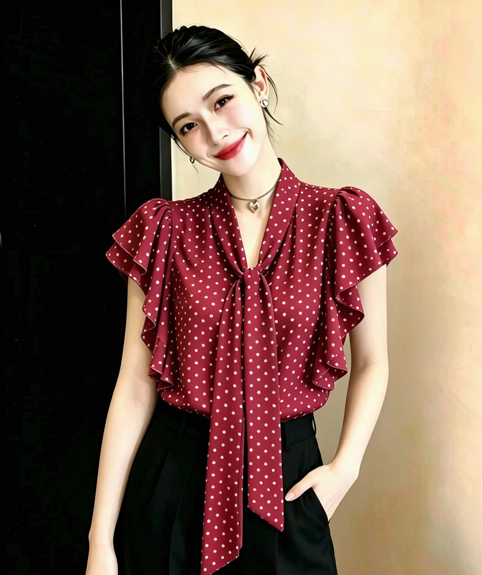 프랑스식 도트 무늬 프린트 리본 V 넥 셔츠 맨위 여성 슬림해 보이는 프릴 Feifei 소매 쉬폰 셔츠 여름 상세 이미지 1