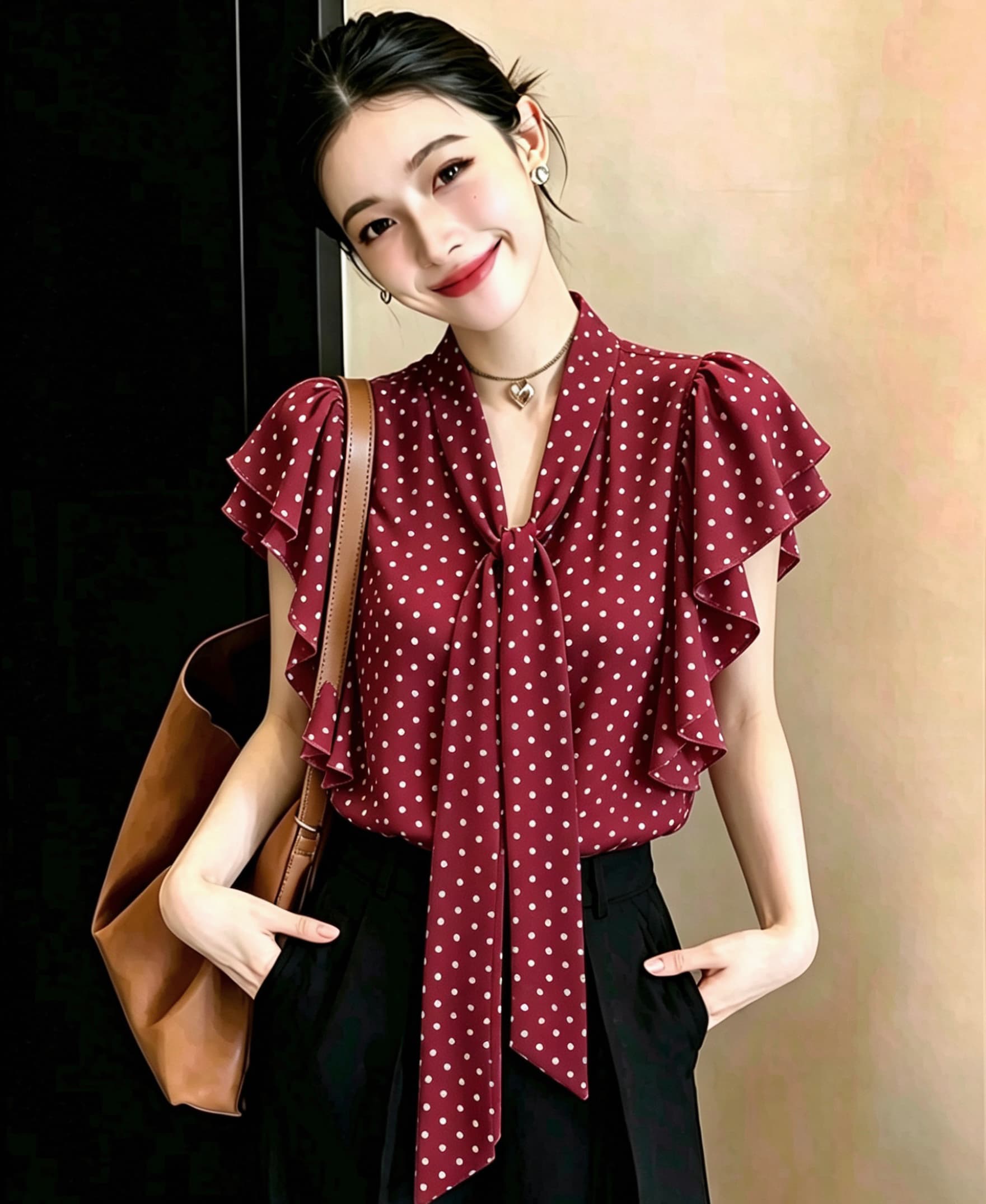 프랑스식 도트 무늬 프린트 리본 V 넥 셔츠 맨위 여성 슬림해 보이는 프릴 Feifei 소매 쉬폰 셔츠 여름 상세 이미지 2