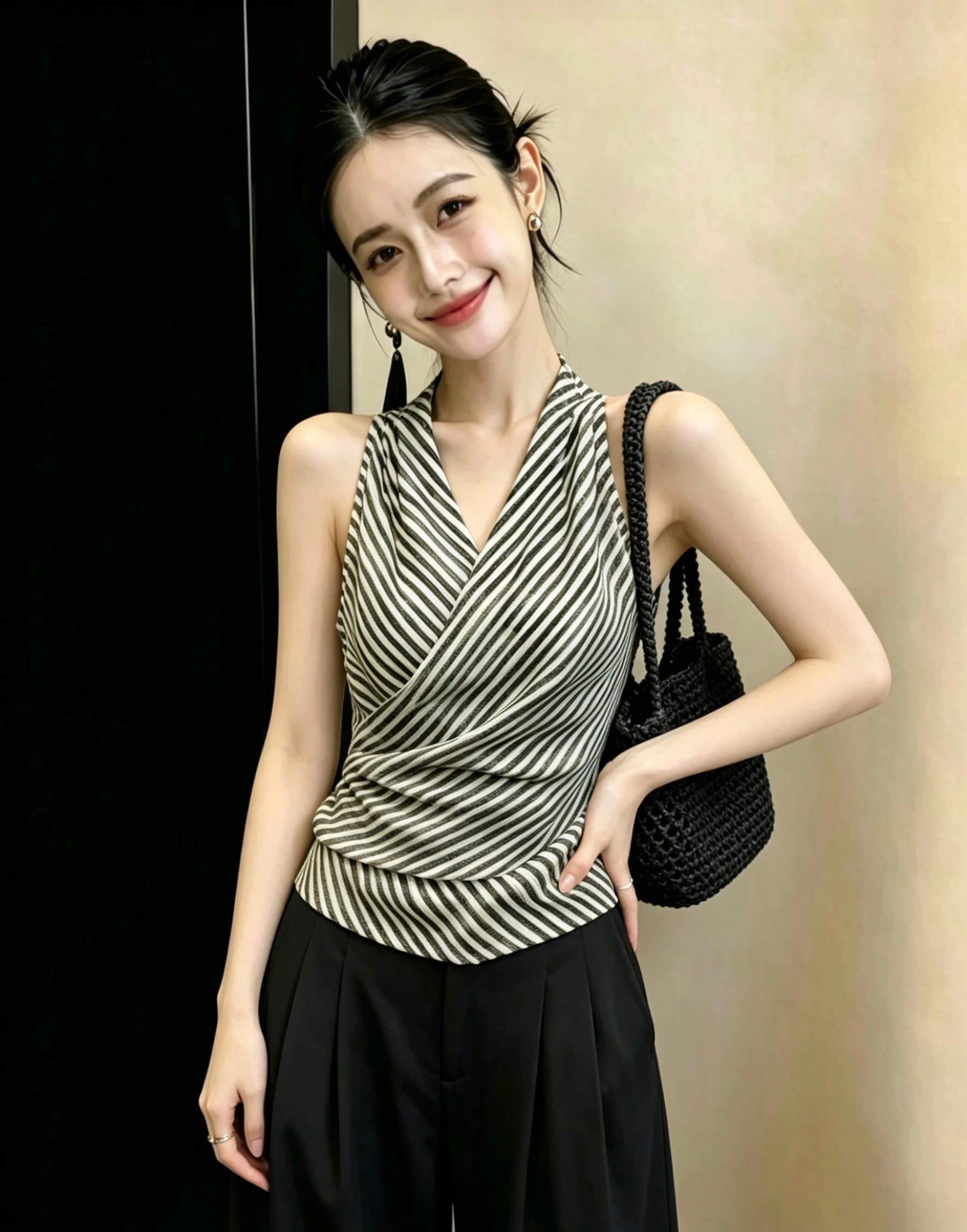 2026 여름 드레스 새로운 불규칙 십자가 V넥 허리 수축 캐미솔 스트라이프 민소매 맨위 이미지 3