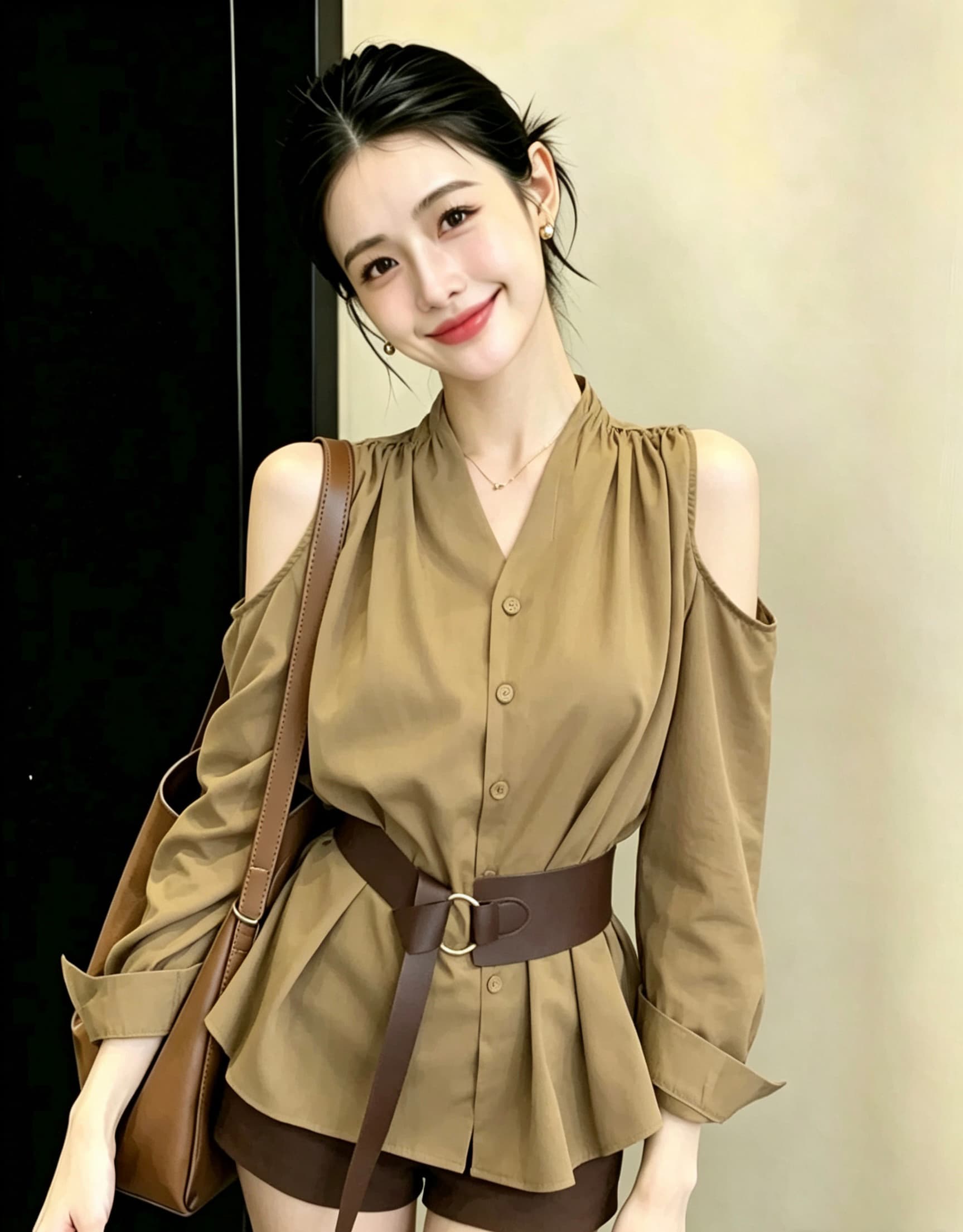 2026 가을 의상 직장 빛 요리 한 품격 맨위 프랑스식 고급 사소한 디자인 센스 커피 색상 허리 수축 오프숄더 셔츠 가을