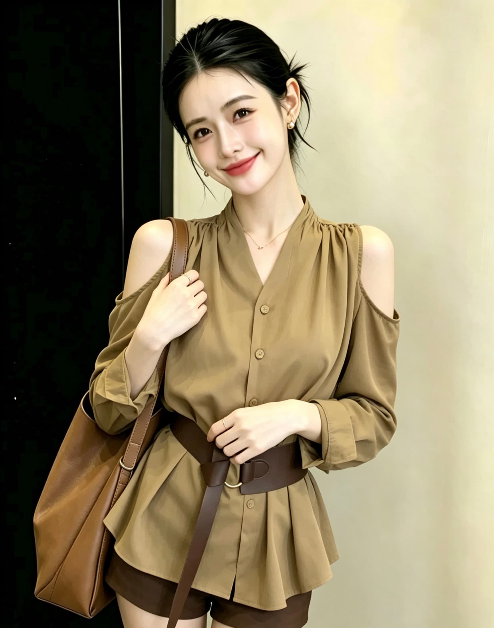 2026 가을 의상 직장 빛 요리 한 품격 맨위 프랑스식 고급 사소한 디자인 센스 커피 색상 허리 수축 오프숄더 셔츠 가을 상세 이미지 3