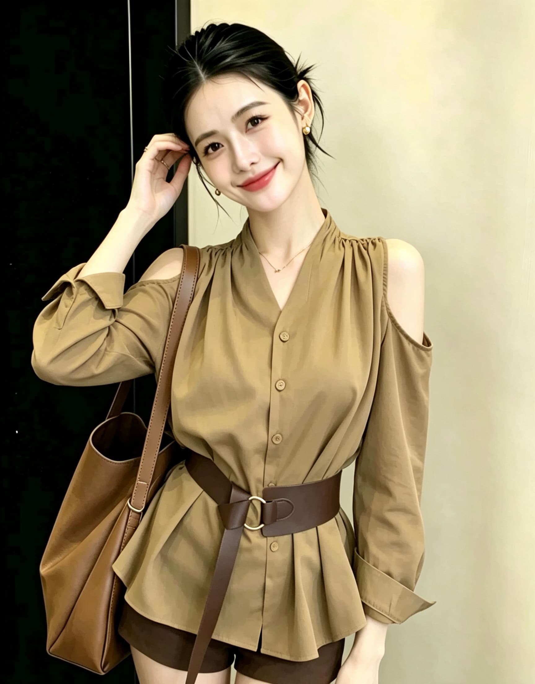 2026 가을 의상 직장 빛 요리 한 품격 맨위 프랑스식 고급 사소한 디자인 센스 커피 색상 허리 수축 오프숄더 셔츠 가을 상세 이미지 5