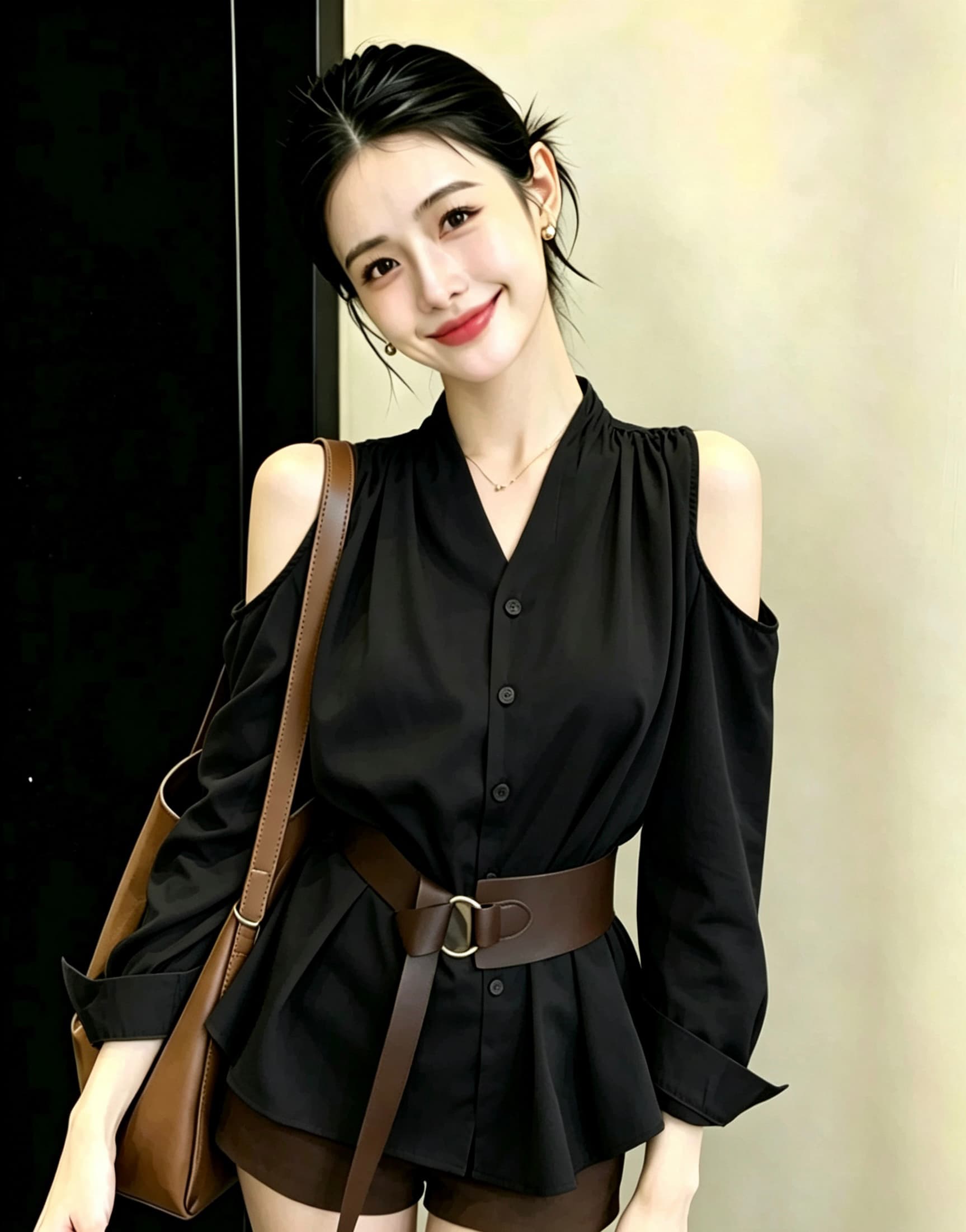 2026 가을 의상 직장 빛 요리 한 품격 맨위 프랑스식 고급 사소한 디자인 센스 커피 색상 허리 수축 오프숄더 셔츠 가을 상세 이미지 7