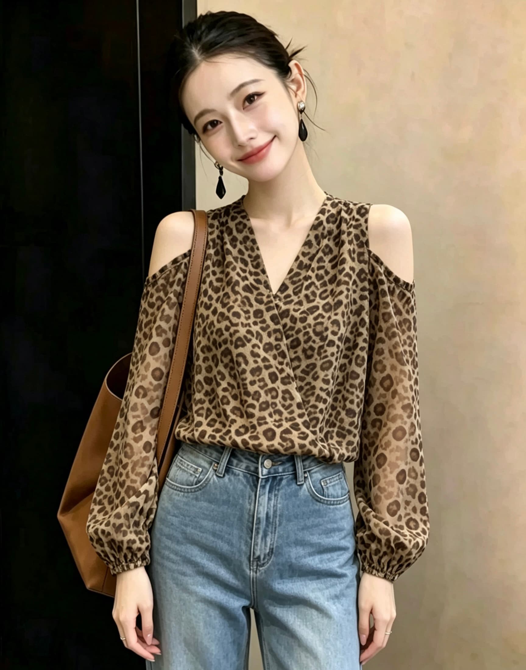 섹시함 핫걸 홀로우 아웃 오프숄더 V넥 긴팔 레오파드 무늬 쉬폰 여성 셔츠 가을 허리 수축 슬림해 보이는 벌룬 소매 맨위