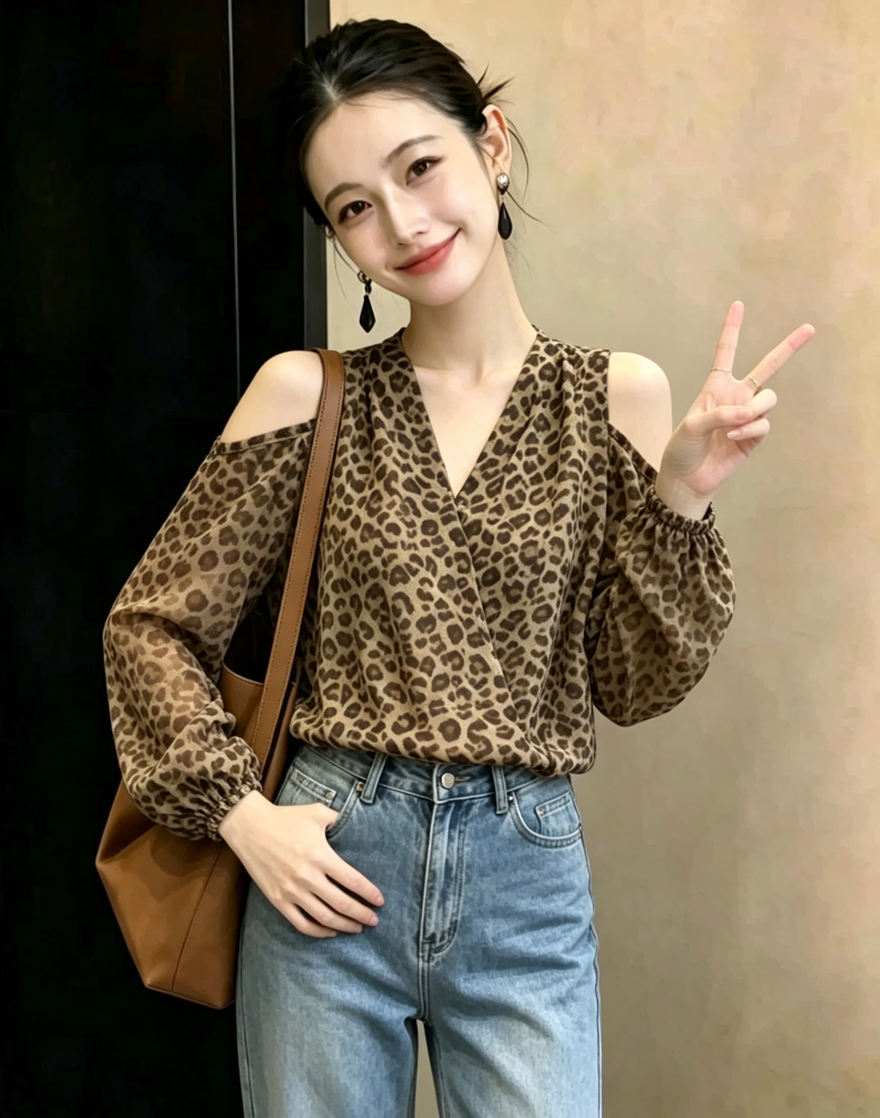 섹시함 핫걸 홀로우 아웃 오프숄더 V넥 긴팔 레오파드 무늬 쉬폰 여성 셔츠 가을 허리 수축 슬림해 보이는 벌룬 소매 맨위 이미지 3