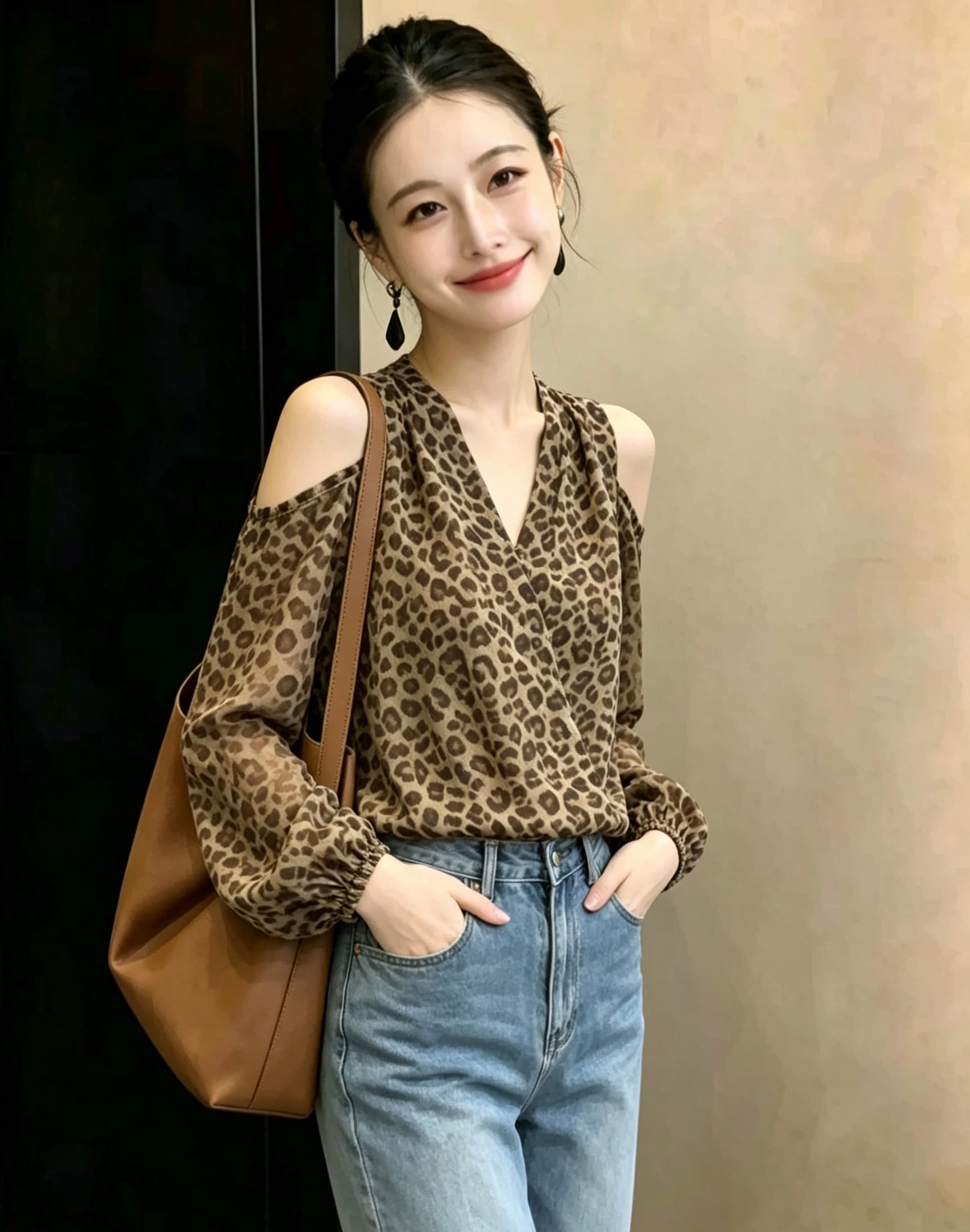섹시함 핫걸 홀로우 아웃 오프숄더 V넥 긴팔 레오파드 무늬 쉬폰 여성 셔츠 가을 허리 수축 슬림해 보이는 벌룬 소매 맨위 상세 이미지 2