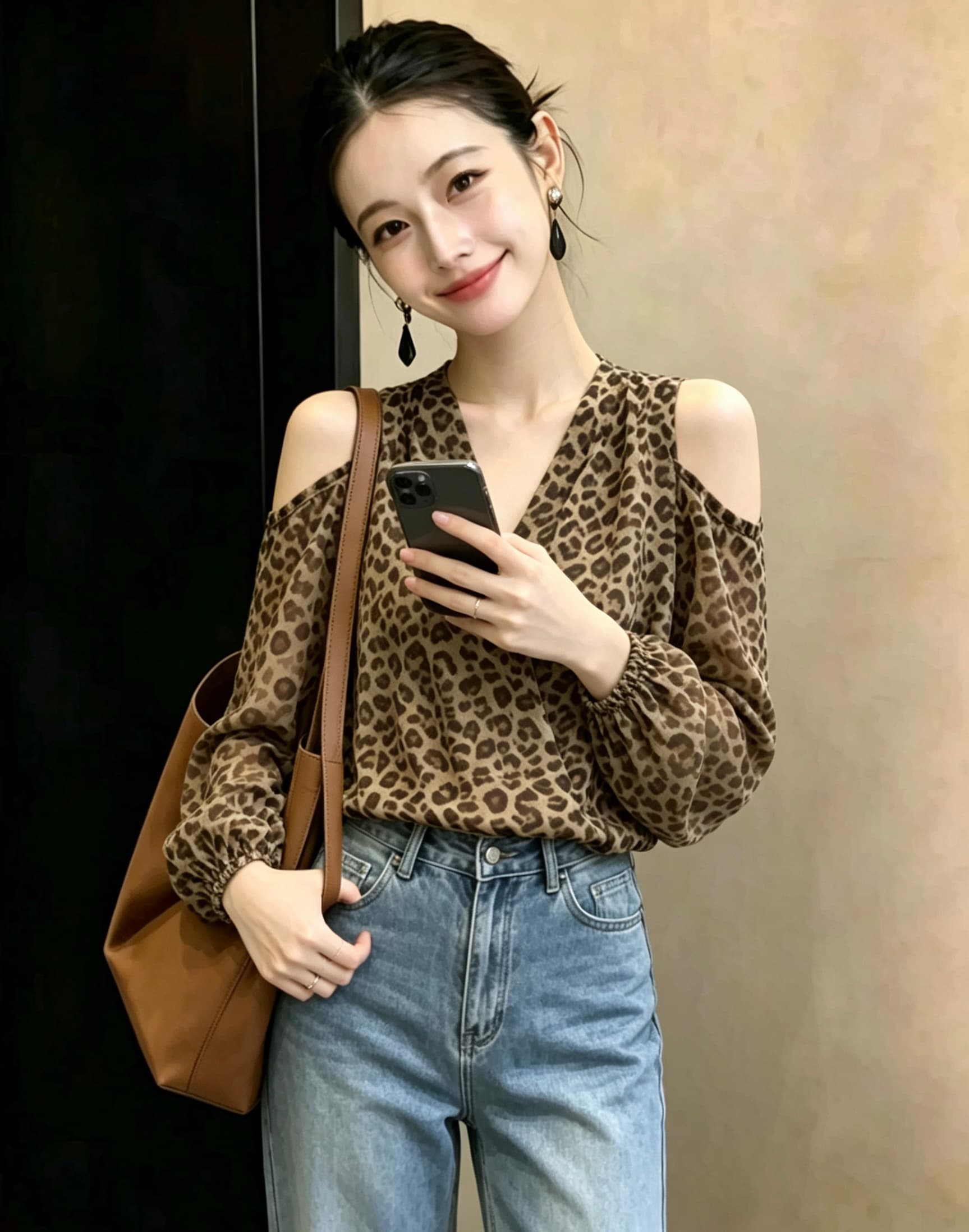 섹시함 핫걸 홀로우 아웃 오프숄더 V넥 긴팔 레오파드 무늬 쉬폰 여성 셔츠 가을 허리 수축 슬림해 보이는 벌룬 소매 맨위 상세 이미지 3