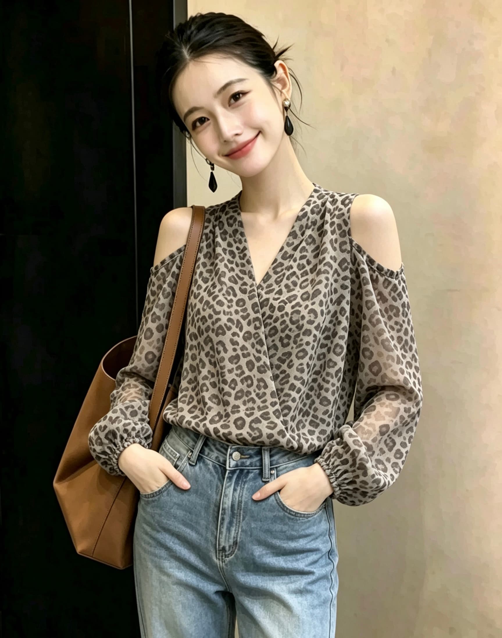 섹시함 핫걸 홀로우 아웃 오프숄더 V넥 긴팔 레오파드 무늬 쉬폰 여성 셔츠 가을 허리 수축 슬림해 보이는 벌룬 소매 맨위 상세 이미지 6