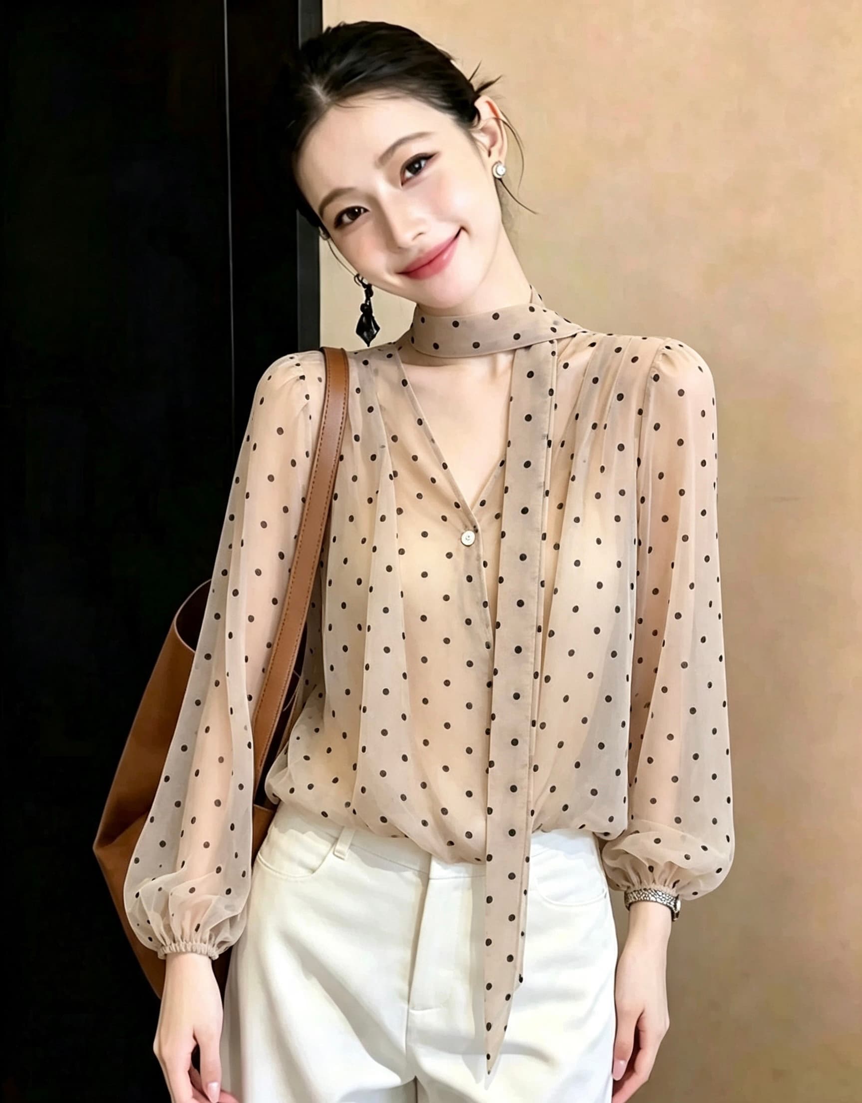프랑스식 부드러운 바람 V넥 리본 도트 무늬 여성 셔츠 가을 루즈핏 슬림해 보이는 패션 품격 다용도 긴팔 맨위 z 상세 이미지 1