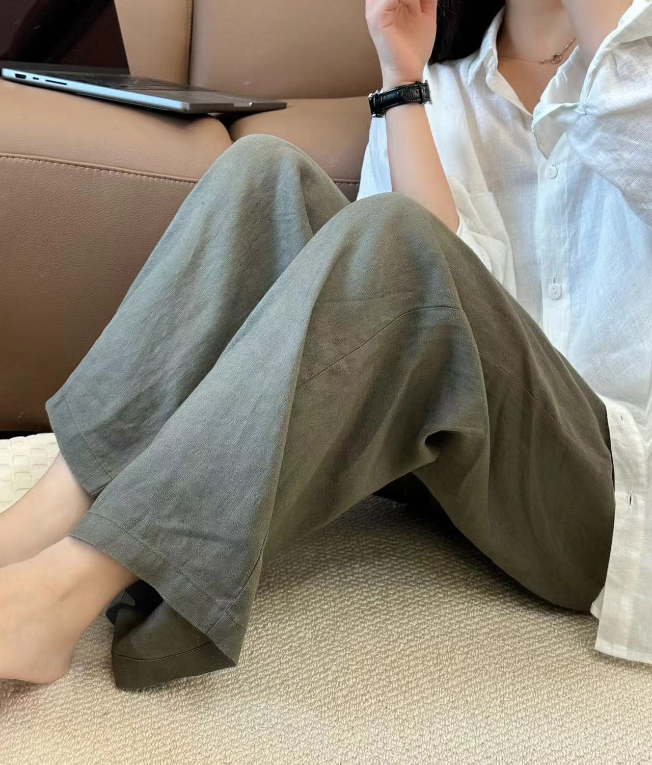 해군 아마 캐주얼 와이드 레깅스 바지 여름 얇은 스타일 올해 인기 벽오동 바지 오래된 돈 바람 면 린넨 스트레이트 팬츠 상세 이미지 9