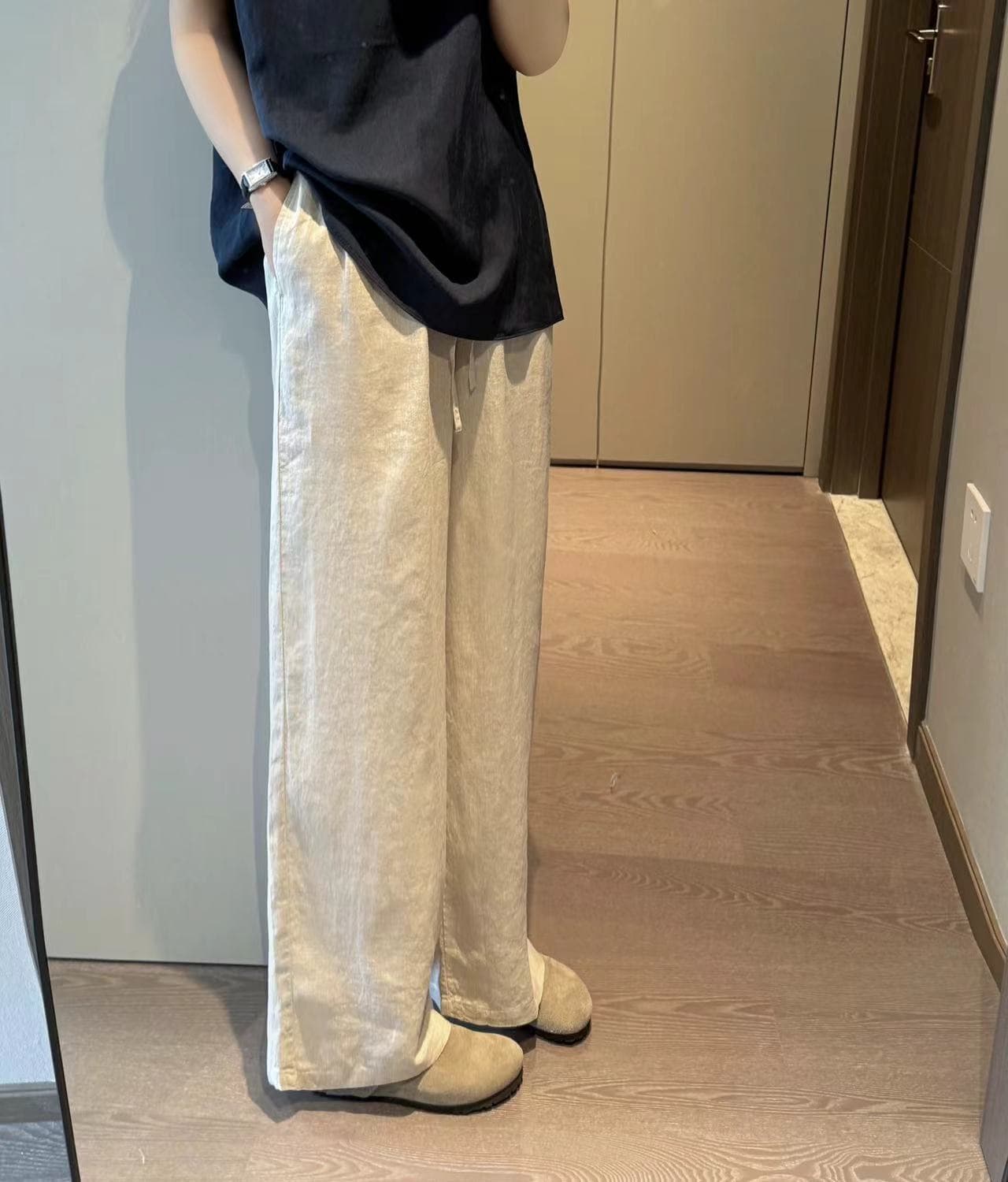 해군 아마 캐주얼 와이드 레깅스 바지 여름 얇은 스타일 올해 인기 벽오동 바지 오래된 돈 바람 면 린넨 스트레이트 팬츠 상세 이미지 11