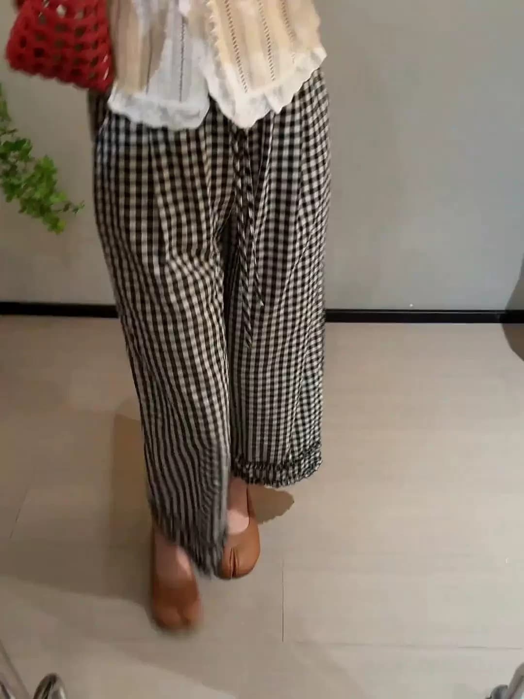 레트로 체크무늬 와이드 레깅스 바지 2026 새로운 폭발 유럽 상품 하이웨이스트 작은 키 세련된 여름 얇고 가벼운 바지 상세 이미지 5