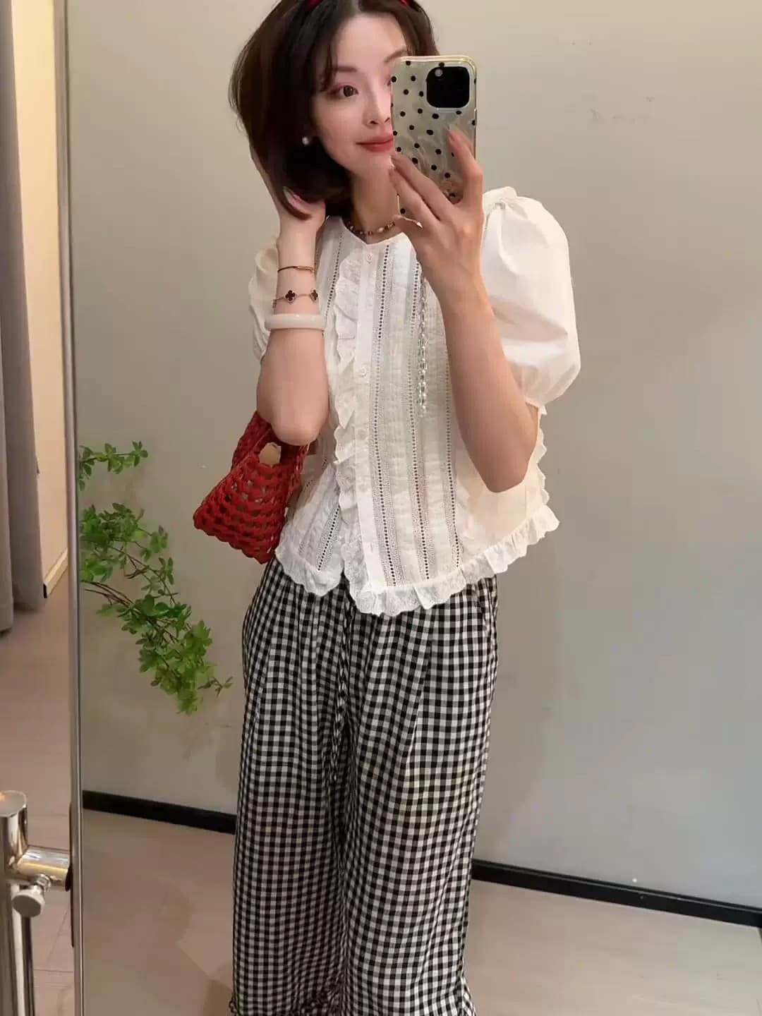 레트로 체크무늬 와이드 레깅스 바지 2026 새로운 폭발 유럽 상품 하이웨이스트 작은 키 세련된 여름 얇고 가벼운 바지 상세 이미지 6