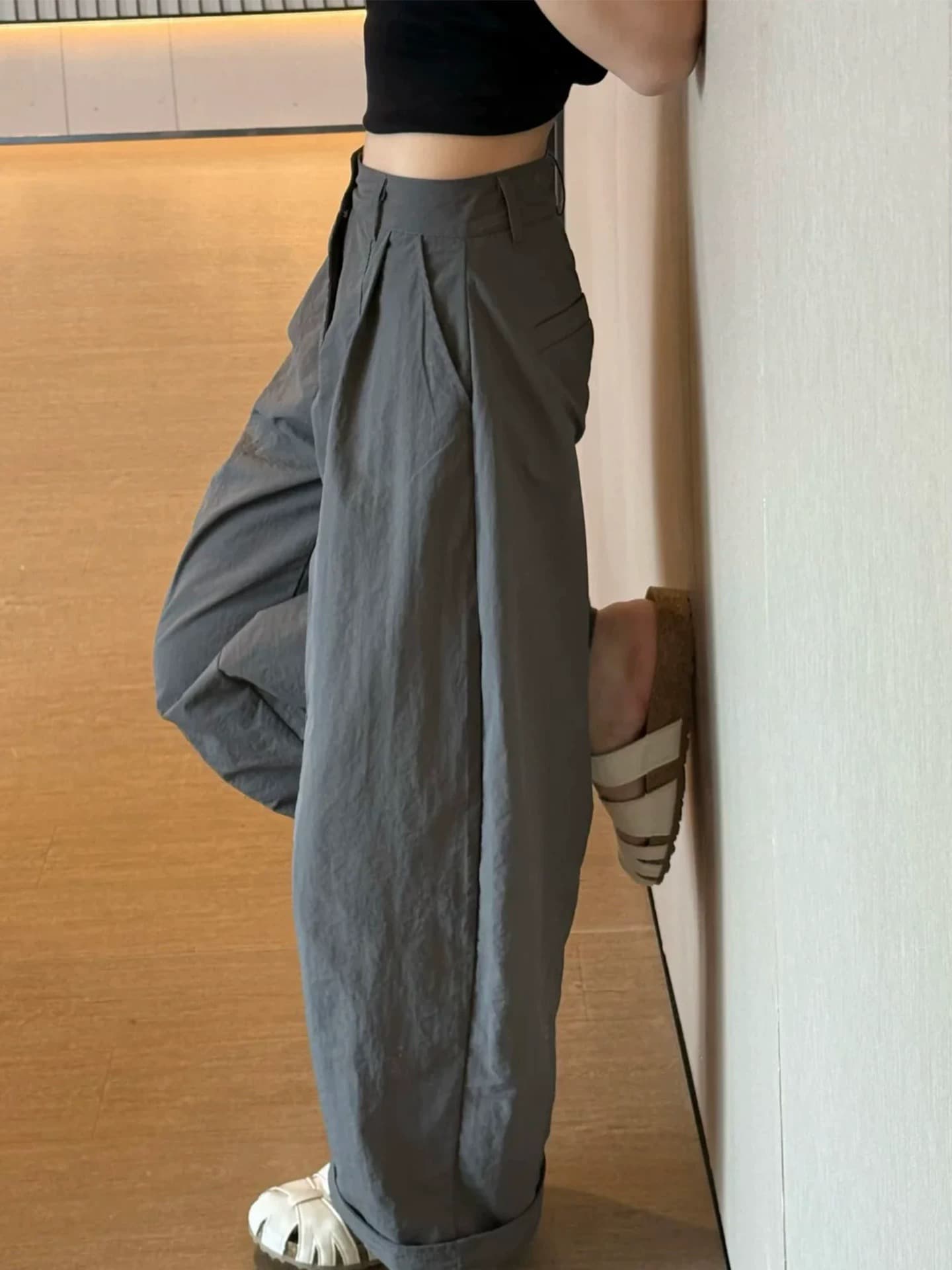 아메리칸 레트로 회색 속도 건조한 모통이 칼 와이드 레깅스 바지 여름 새로운 다용도 슬림해 보이는 얇은 스타일 캐주얼 워크웨어 바지 이미지 4