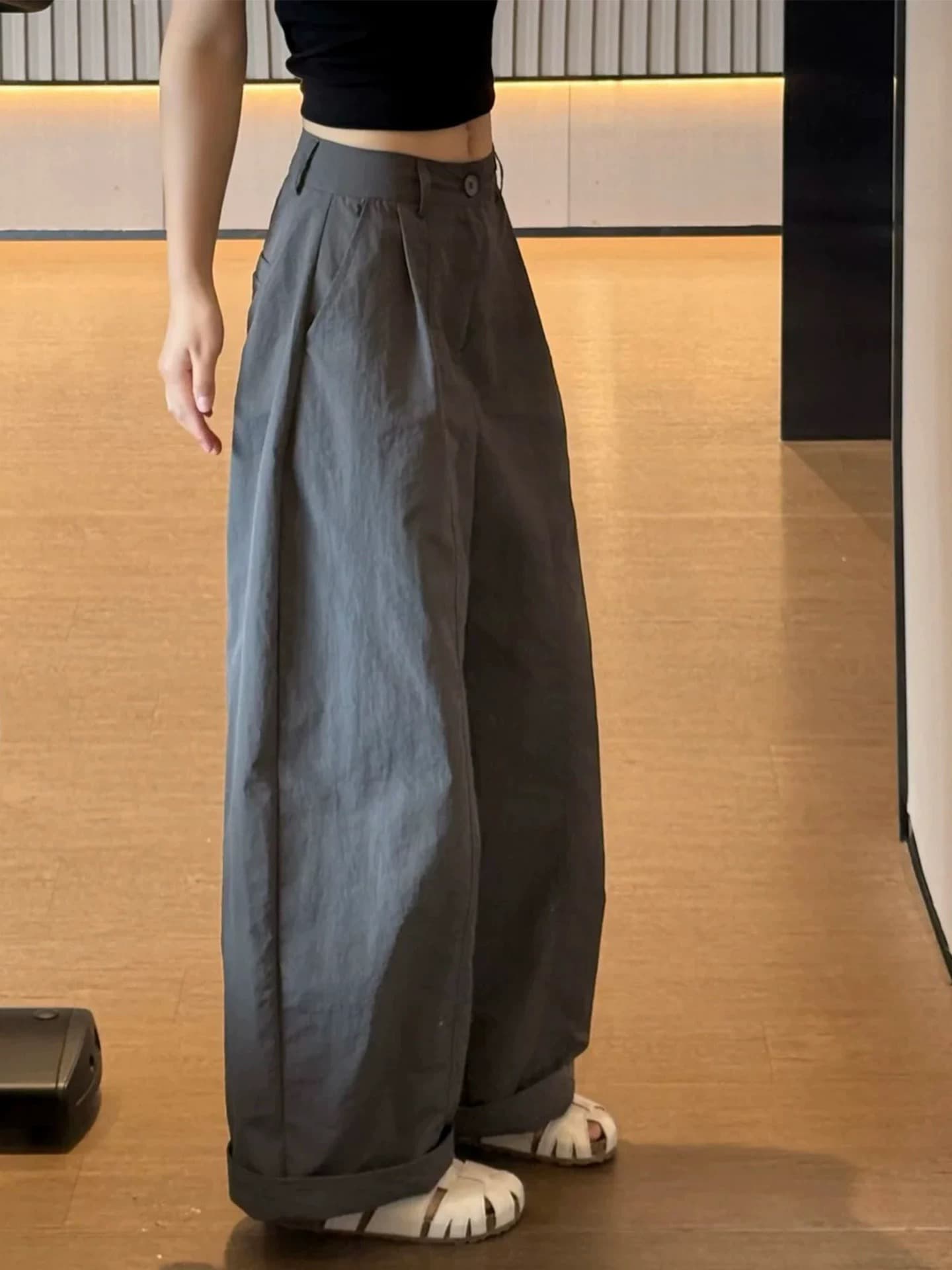 아메리칸 레트로 회색 속도 건조한 모통이 칼 와이드 레깅스 바지 여름 새로운 다용도 슬림해 보이는 얇은 스타일 캐주얼 워크웨어 바지 상세 이미지 5