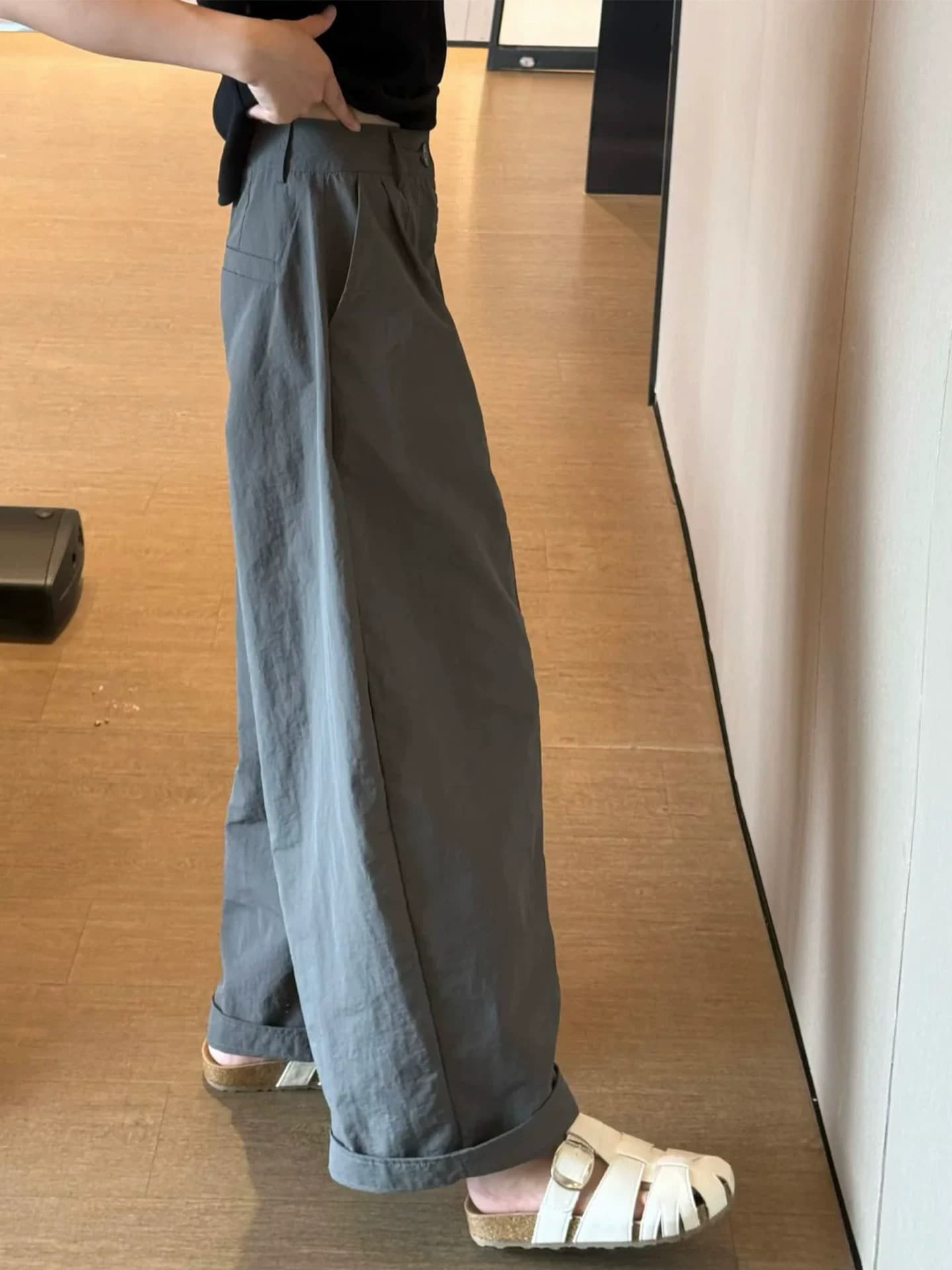 아메리칸 레트로 회색 속도 건조한 모통이 칼 와이드 레깅스 바지 여름 새로운 다용도 슬림해 보이는 얇은 스타일 캐주얼 워크웨어 바지 상세 이미지 6