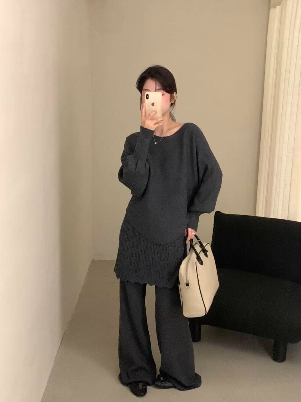 한 부서 다용도 슬림해 보이는 긴팔 미니멀리즘 니트 스웨터 패치워크 치마 커튼 니트 하이웨이스트 캐주얼 바지 세트 여성 가을 겨울 상세 이미지 5