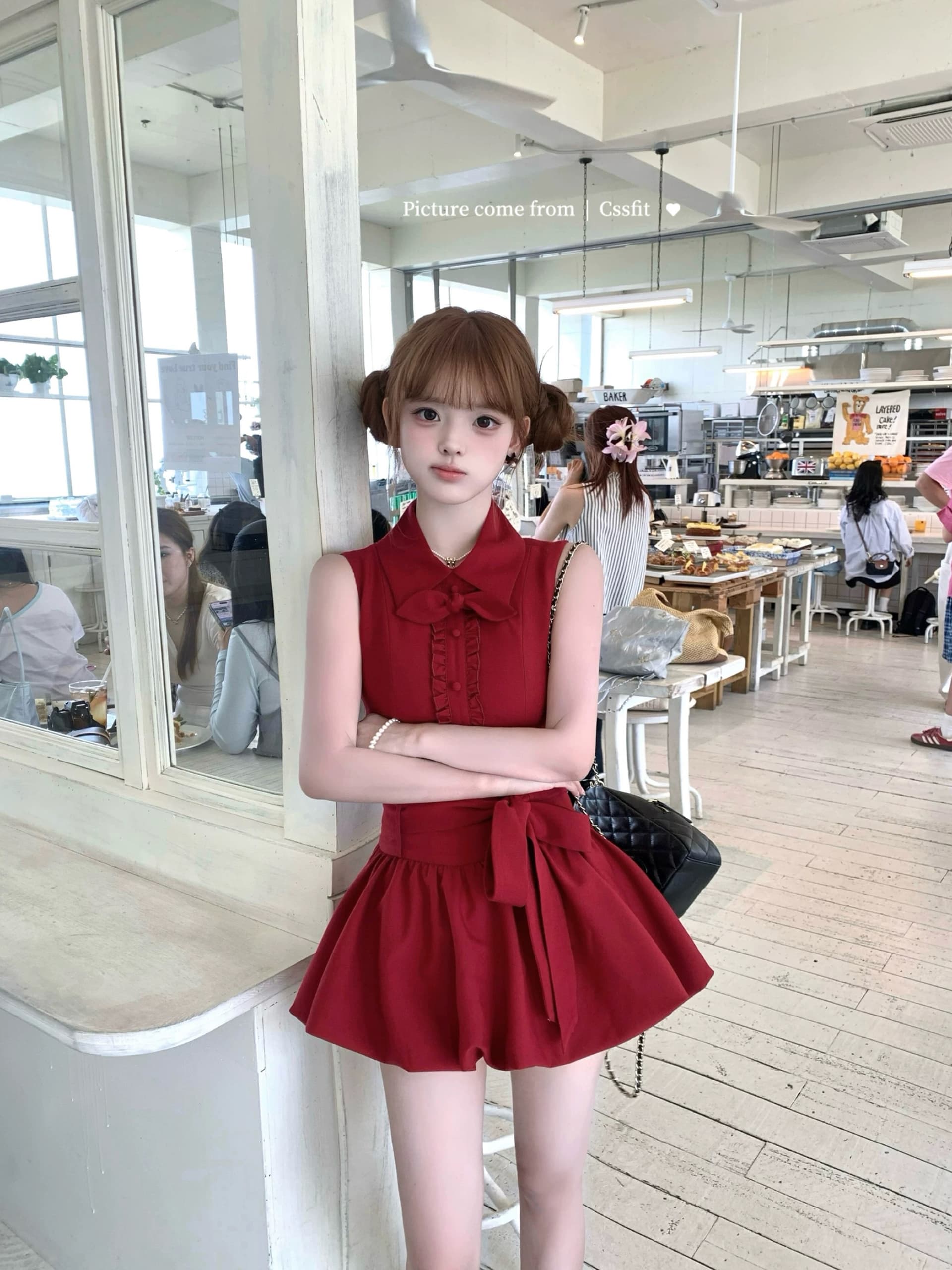 늦게 우산 우산 25ss 赤色 꽃 밤 자동차 PCT 어린이 빨간색 토끼 귀 셔츠 칼라 레이스업 꽃밭 드레스 이미지 4