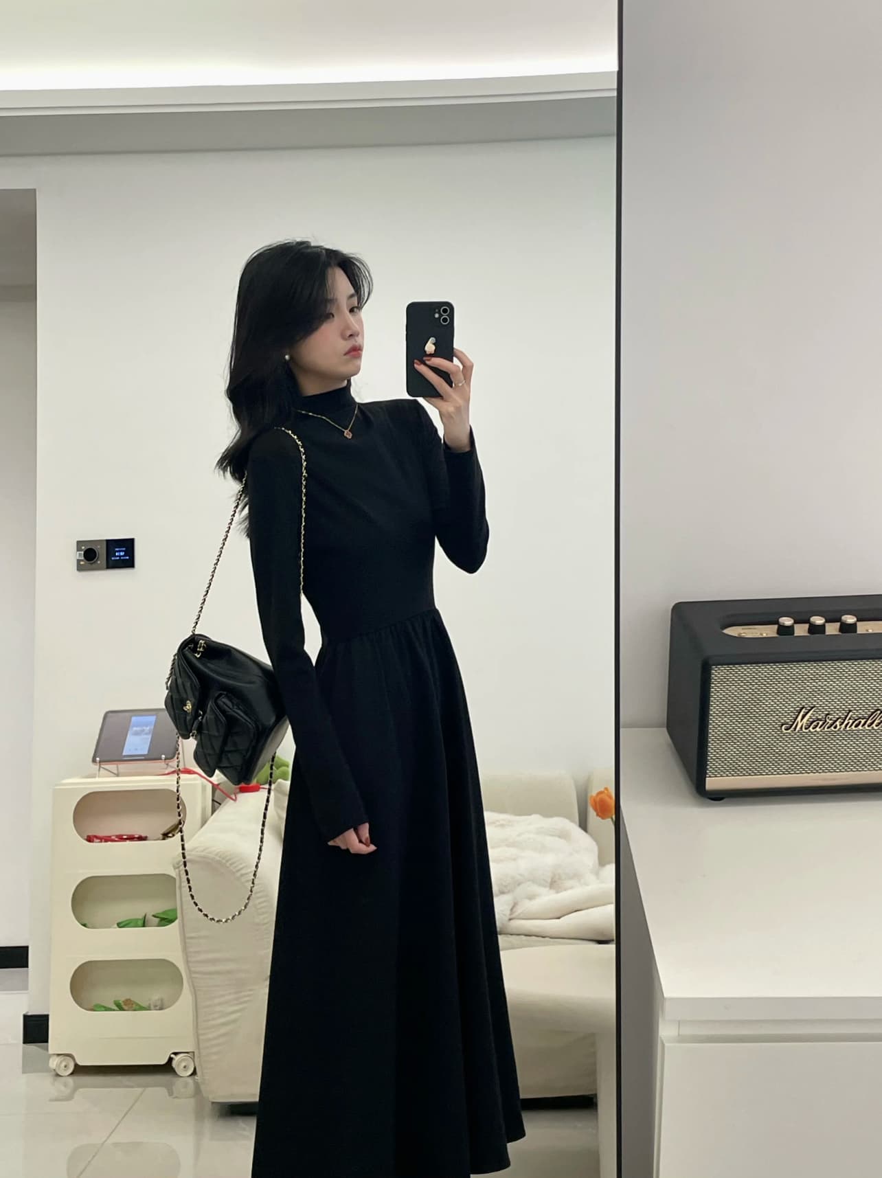 그는 벤 바람 검정색 긴팔 만나는 니트 점프 슈트 치마 프랑스식 품격 허리 수축 몸매 가꾸기 인사이드 가져 가라. 롱 스커트 상세 이미지 2