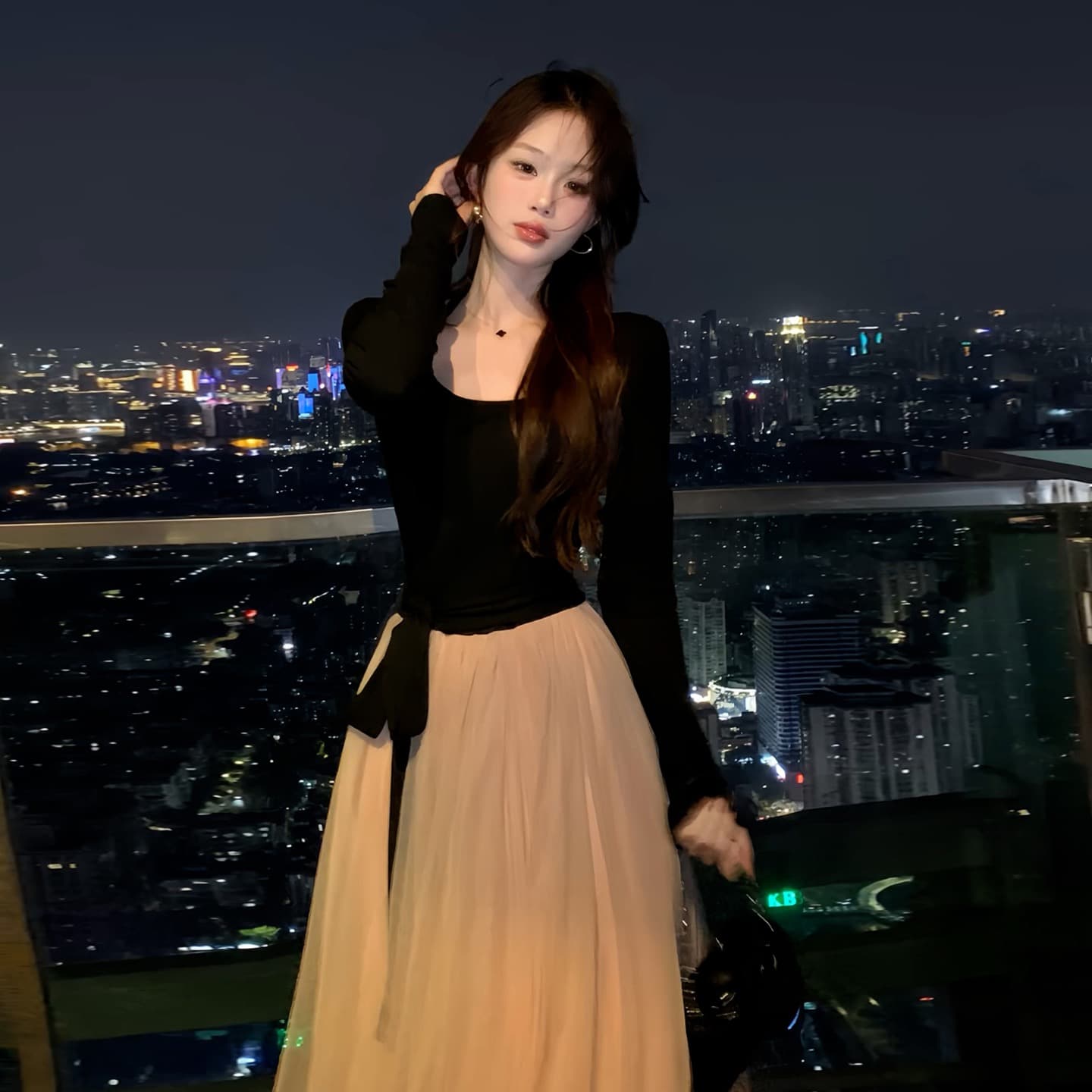 패션 부드러운 바람 배색 패치워크 라운드 넥 레이스업 긴팔 여성 드레스 가을 겨울 새로운 작은 대중 다용도 빅 플레어 스커트 상세 이미지 1